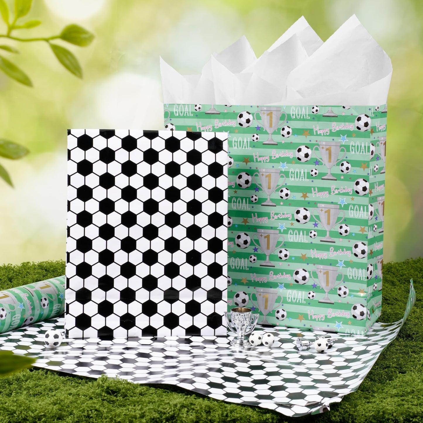 BIOBROWN Reversible Soccer Wrapping Paper for Kids Boys - 17 Inch X 33 Ft - Goal & Trophies Design Sports Gift Wrap Paper for Teens Birthday Party Holiday Soccer Fans