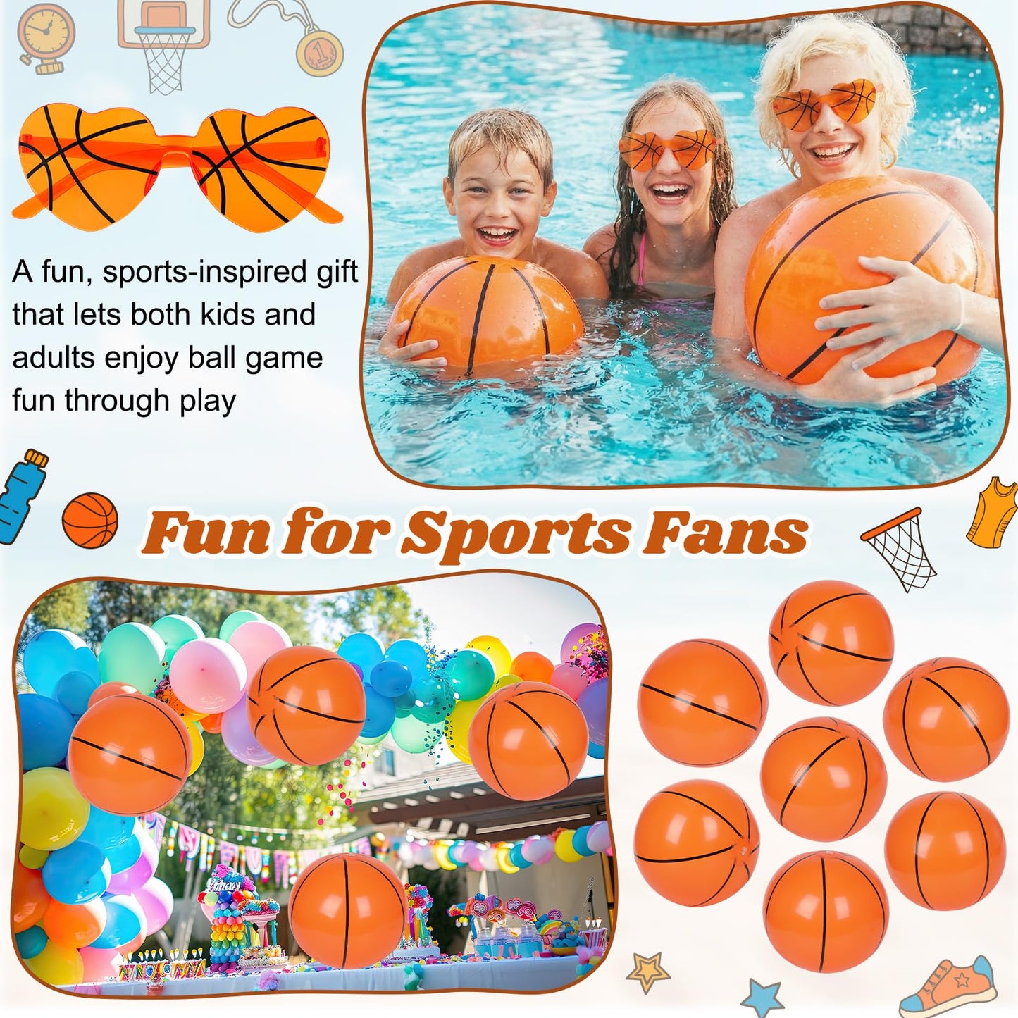 Mototo 24PCS Inflatable Basketball Beach Balls with Glasses, 16 Inch Blow up Basketball Inflatable Beach Balls Sport Plastic Glasses Bulk for Sport Birthday Senior Night Gift Summer Pool Party Favor