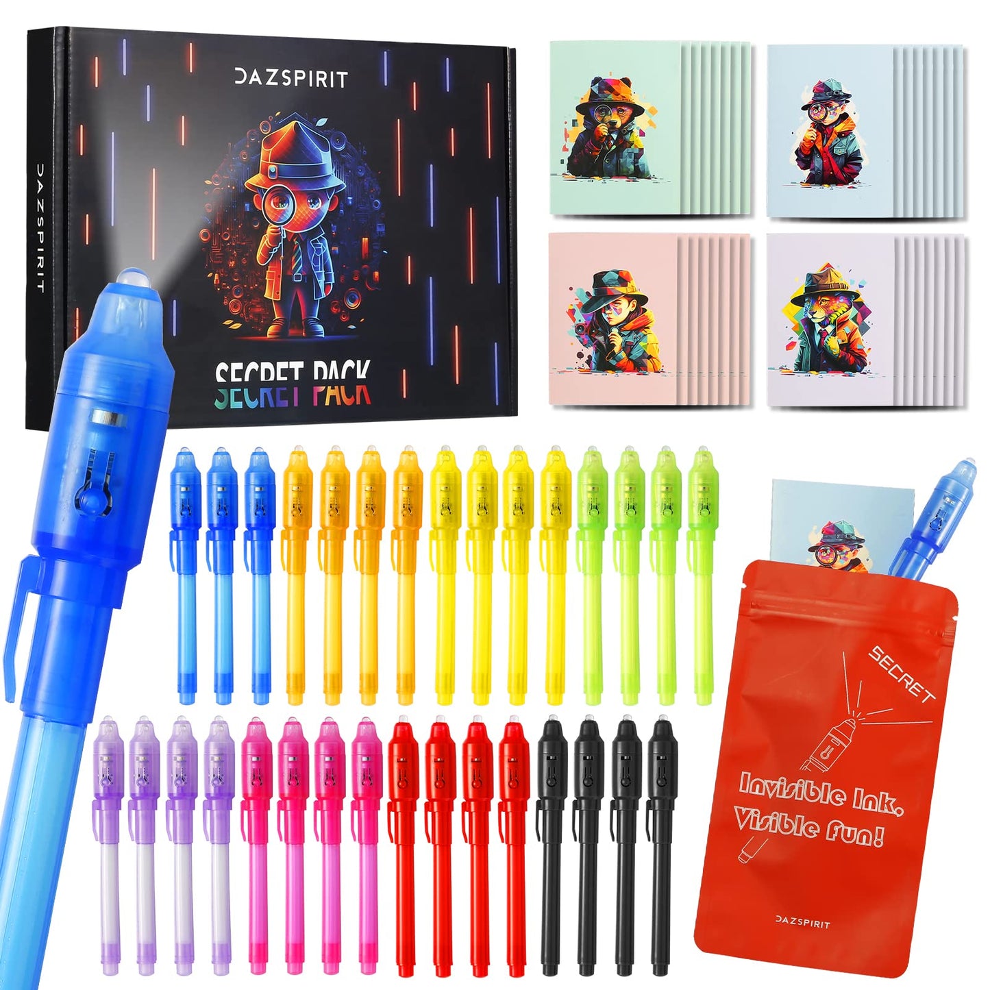 DazSpirit 32 Pack Invisible Ink Pens with UV Light, Detective Notepads & Gift Bags, Classroom Prizes, Treasure Box Fillers, Goodie Bag Stuffers, Spy Party Favors for Kids 8-12, Prize Box Toys