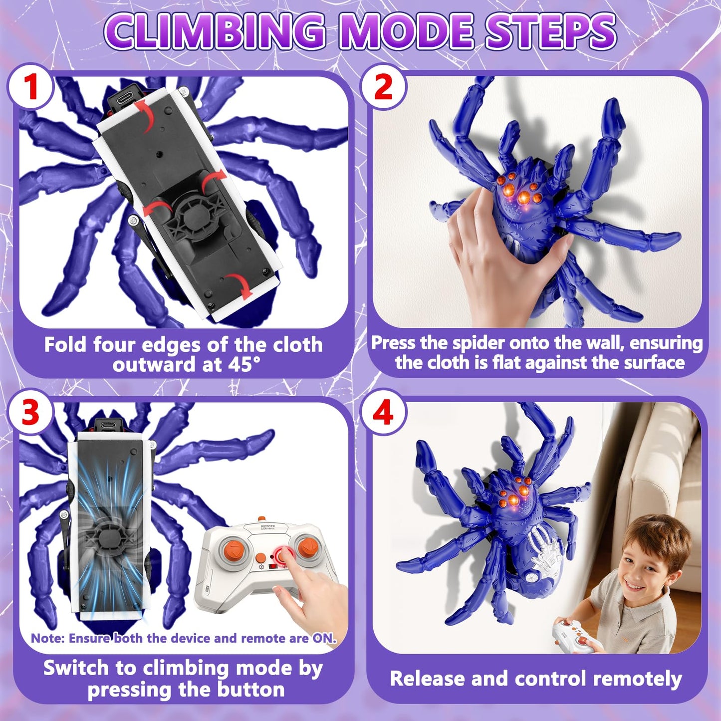 Infowush Wall Crawler Spider, Rechargeable Remote Control Robot Kids Toys, 360° Rotating RC Wall Climbing Spider with LED Eyes Toys for Boys Girls Ages 3 & Up, Birthday Gifts for 3-12 Year Old Boys