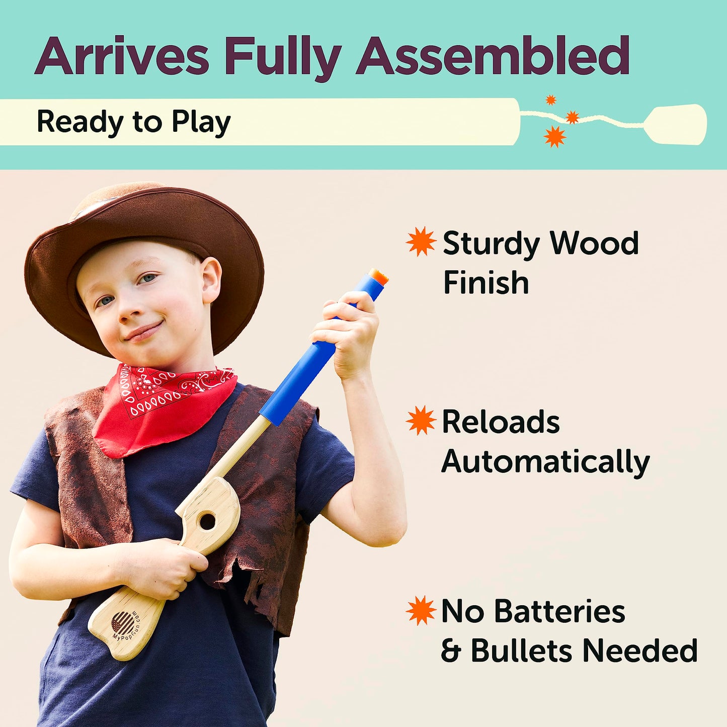 Blue Toy Pop Gun for Kids-Wooden Toy Guns for Boys 3-12 Yrs-Fake Handgun with Sturdy Wood Finish & Durable Silicone Stopper-Fun Hand Rifles & Pistol Toys for Small & Big Kid Play-Made in The USA