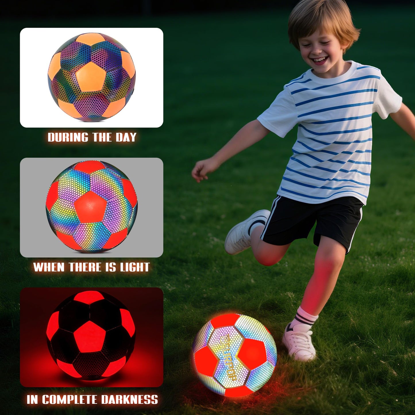 Surpop Glow in The Dark Soccer Ball with LED Lights - Light Up Soccer Ball for Night Games, Size 5 Gift for Kids & Adults, Includes Pump