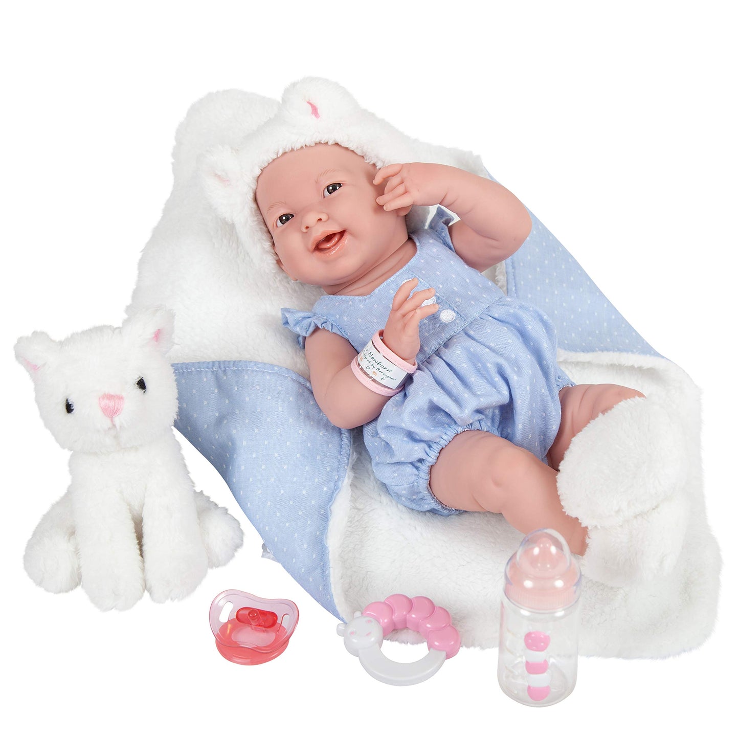 JC Toys La Newborn All-Vinyl-Anatomically Correct Real Girl 15" Baby Doll in Blue and Deluxe Accessories, Designed by Berenguer., Blue/White