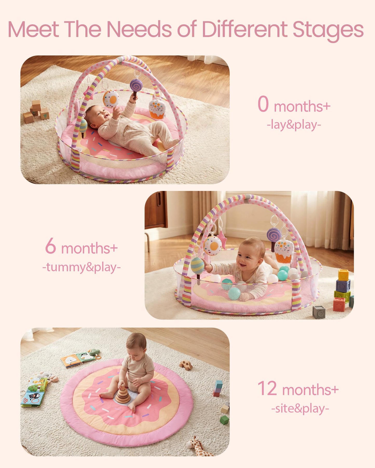4-in-1 Baby Play Mat & Baby Play Gym,Baby Girl Play Mat Activity Gym, Pink Donut Tummy Time Mat for Babies and Toddlers, Infant Activity Center for Newborn to Develop Motor Cognition