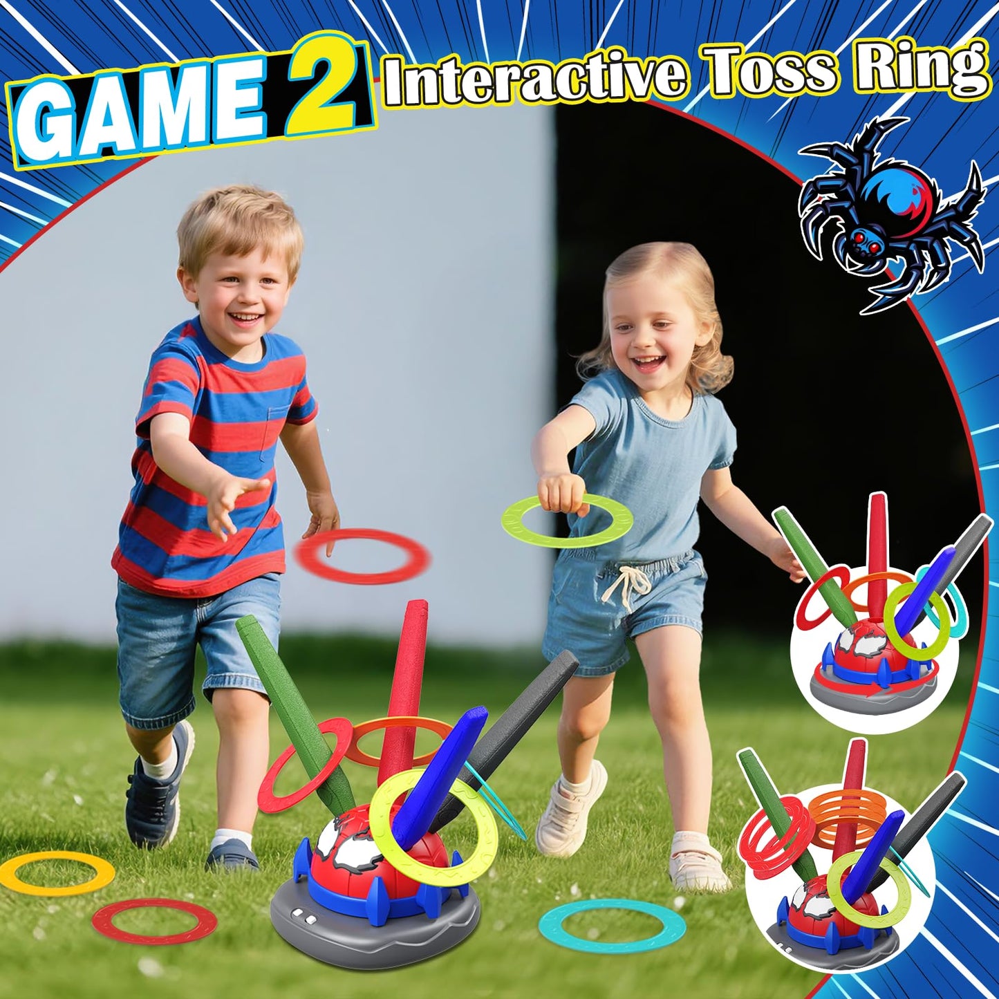 Scarmat 3-in-1 Outdoor Toys for Kids 3-8, Spider Rocket Launcher & Ring Toss Musical Jump for Sports and Outdoors Active Play Set, STEM Learning Toys Birthday Gift for Boys Girls Ages 3 4 5 6 7 8