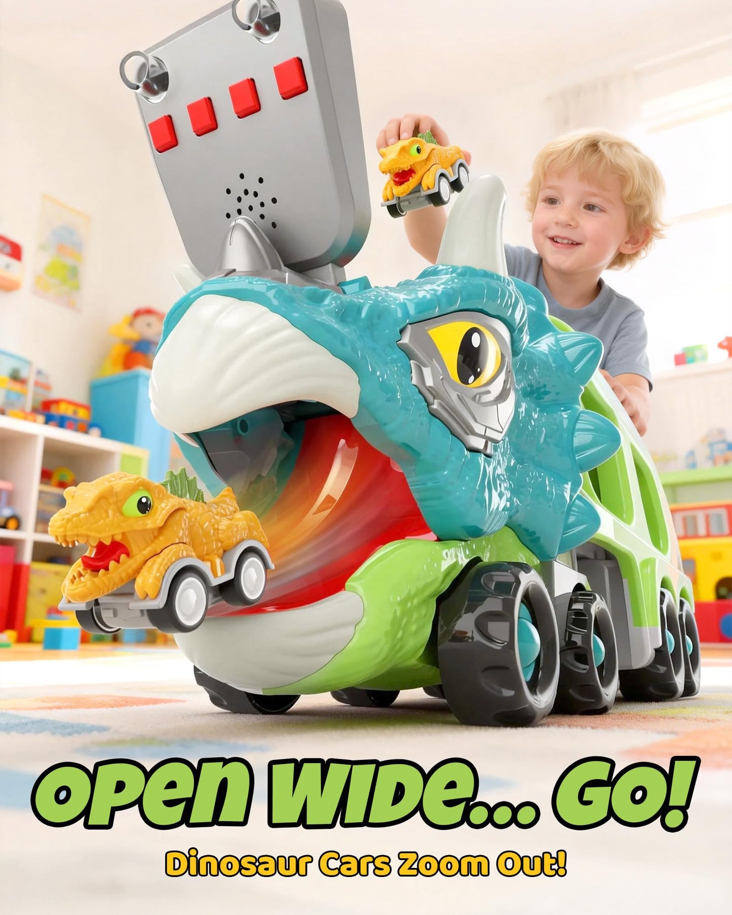 LADFAR Dinosaur Toys for Kids 3-5, Toddler Boy Toys, Dinosaur Carrier Truck with 8 Pull Back Cars, Transport Carrier Truck for Toddlers, Birthday Gifts with Music & Lights for 2 3 4 5+ Year Old Boys