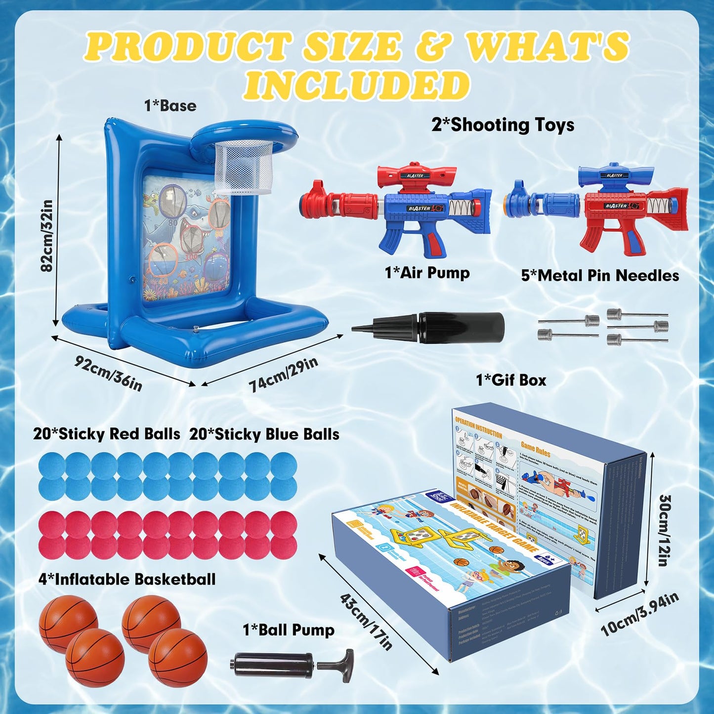 Pool Toys Games for Kids&Adults, 2-in-1 Pool Basketball Hoop with Shooting Target Game & with 2 Blasters, 40 Foam Balls, 4 Basketballs, Summer Outdoor Water Toys, Pool Party Lawn Backyard Games-Blue