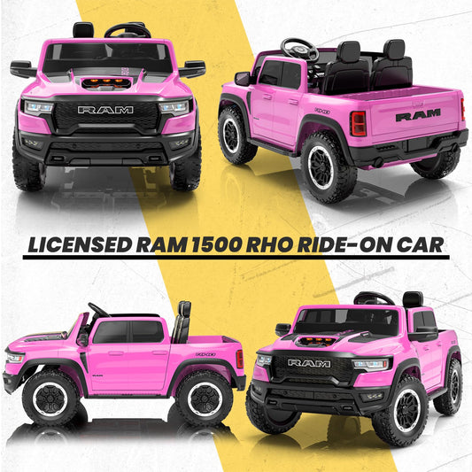 Segmart Licensed RAM 1500 RHO 2 Seater Electric Car, 24V Ride on Car for Big Kids with Remote Control, Toddler Ride on Toy w/4 Wheels Suspension, LED Lights, Bluetooth, Soft Start Function (Pink)