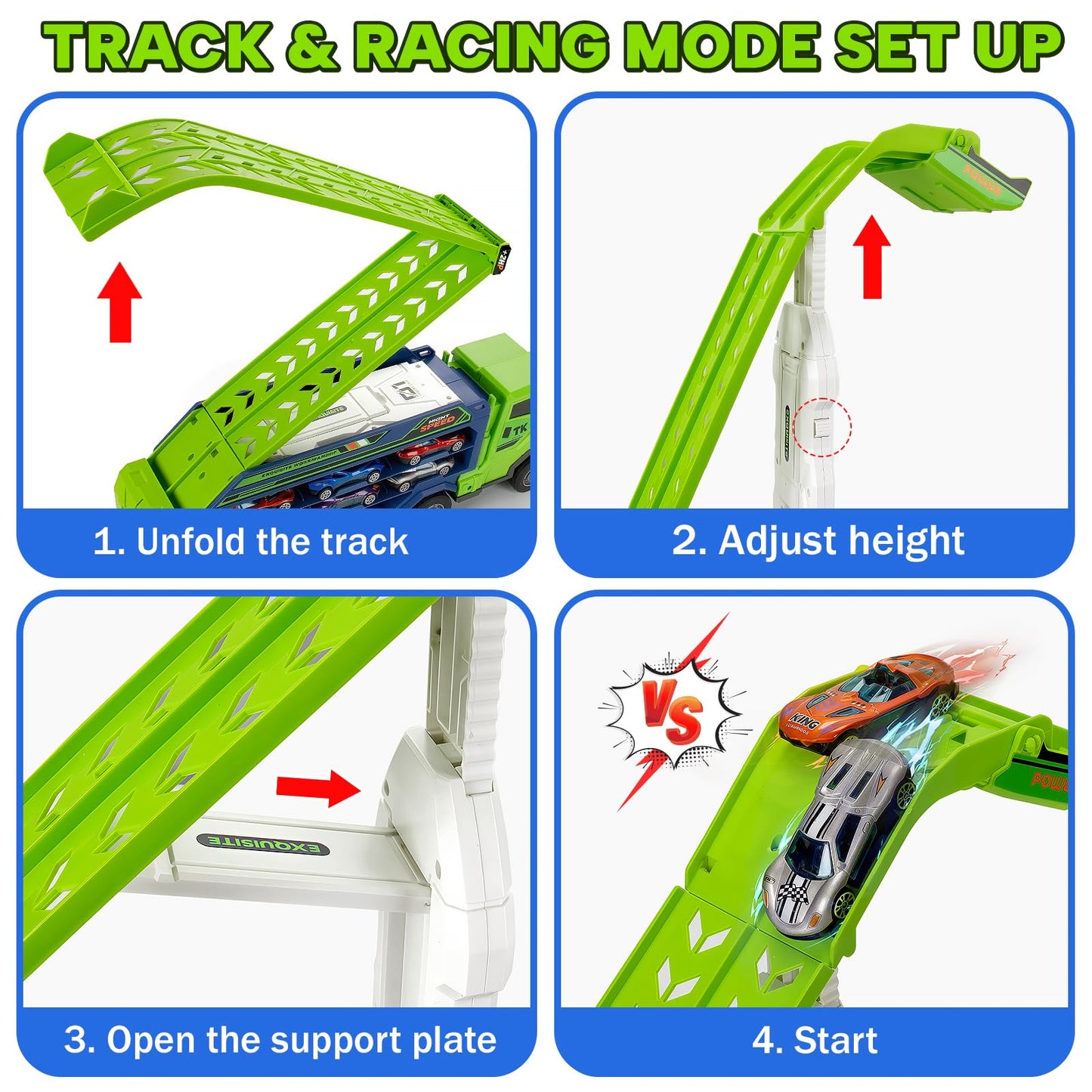 Kids Toys for 3 4 5 6 7 8 Years Old Boys, Carrier Truck Transport Car Toys, Foldable 2 Layer Car Race Track Playset with 25-in Race Track, 6 Metal Toy Cars, Birthday Toy Gift for Toddler Boys Girls