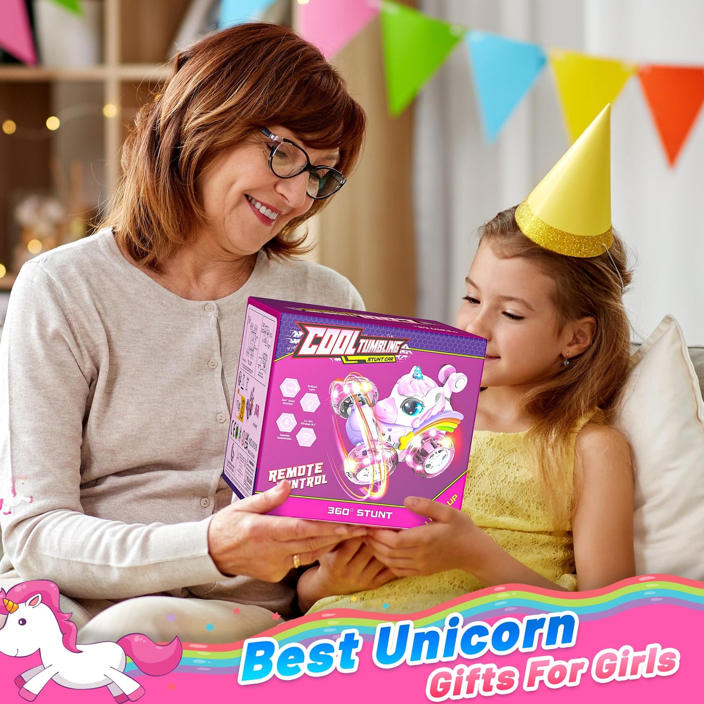 Carsky Unicorn Remote Control Car for Girls,Rechargeable 360°Stunt RC Cars Rotation 4WD Remote Cars with LED Lights,Fun Indoor Outdoor Toys for Kids,Chritmas Birthday Gift for 3 4 5 6 Year Old Girl