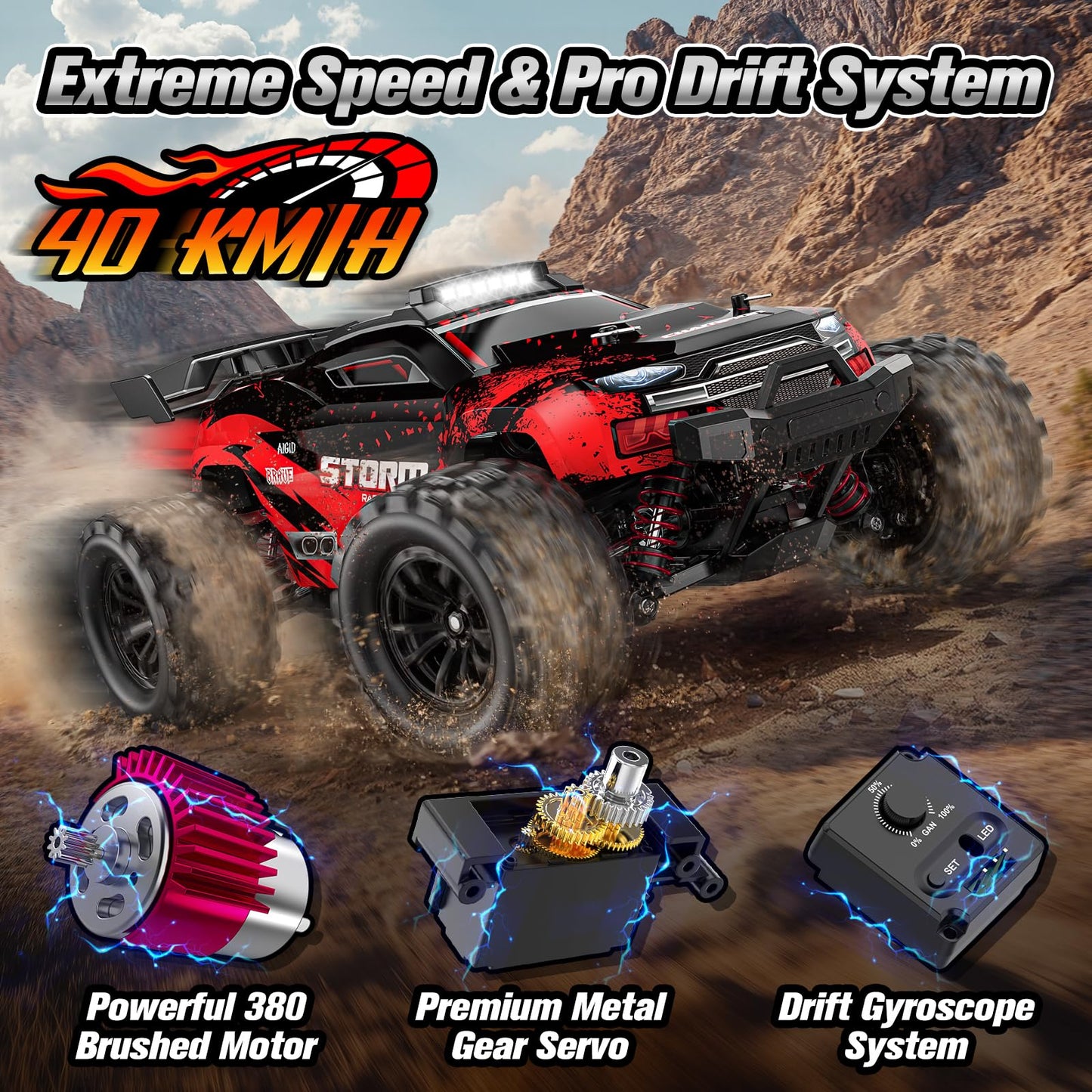 Lvcdzr 1:18 RC Cars, 2.4GHz 4WD High Speed 40 KM/H Remote Control car with Drift Wheel, All Terrain Off Road Monster Truck RC Drift Car with Gyro for Adults Boys 8-12