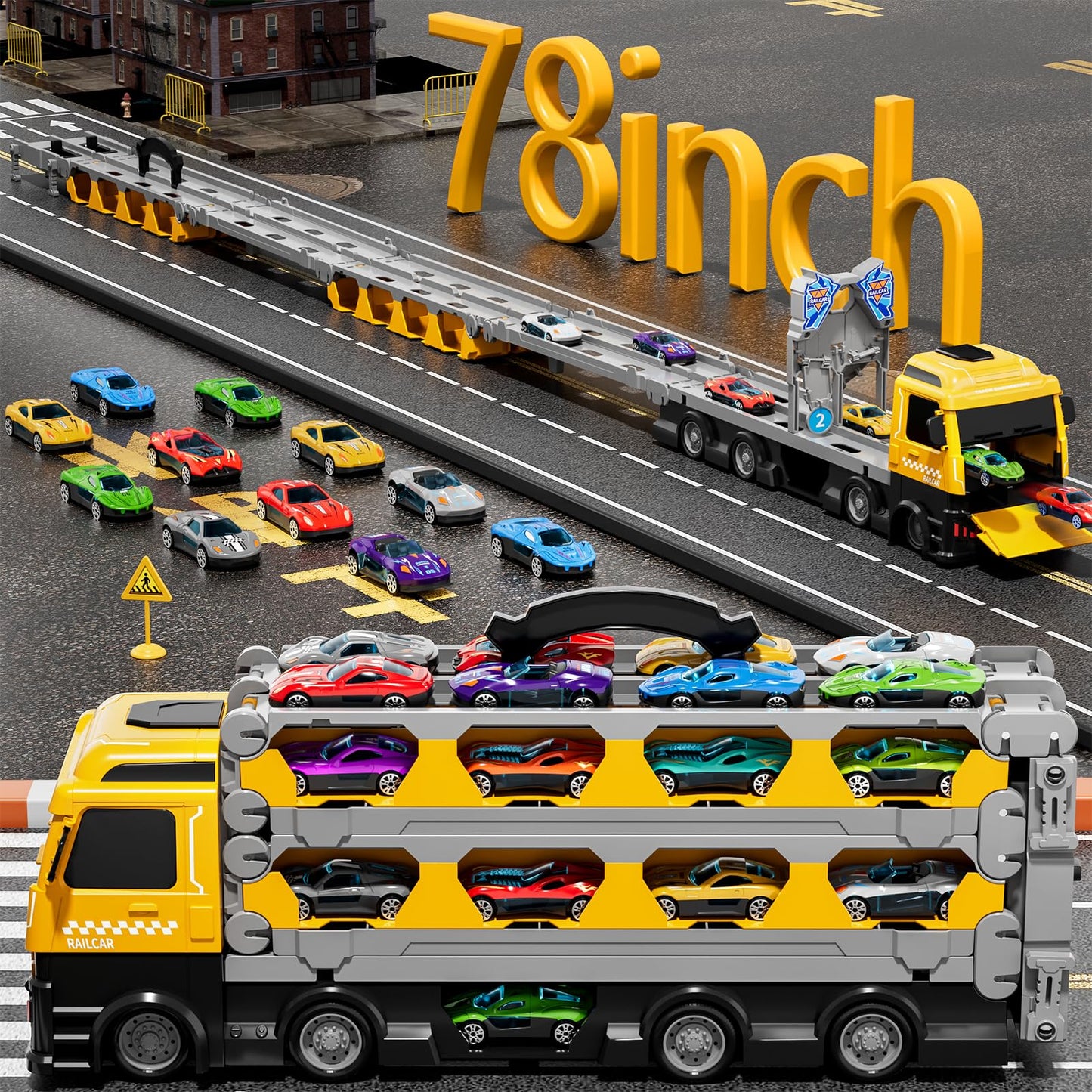 Ci Vetch 78-Inch Cars Trucks Toys for Toddler 1-3 2-4 3-5 4-7 Years Old Boys Kids, Transport Truck Toy with 24 Pcs Die-Cast Cars, Toys Gifts for 3 4 5 6 Year Old Boy, Toddler Boy Toy Ages 3-5 4-7