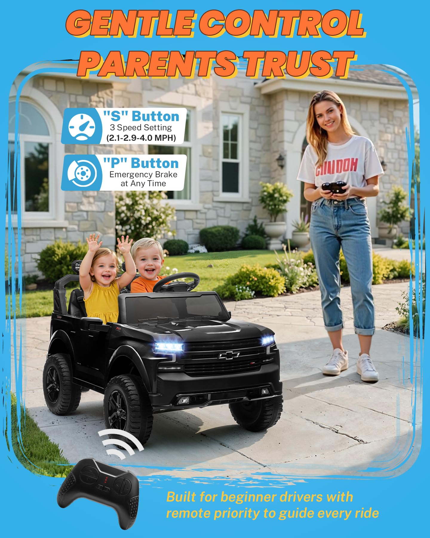 ENYOPRO 24V Ride on Toys, Licensed Chevrolet Silverado LT Trail Boss 2 Seater Ride on Car for Kids, Toddler Electric Car w/Remote Control, Safety Belt, Truck Bed Storage, LED Lights, Bluetooth, Black