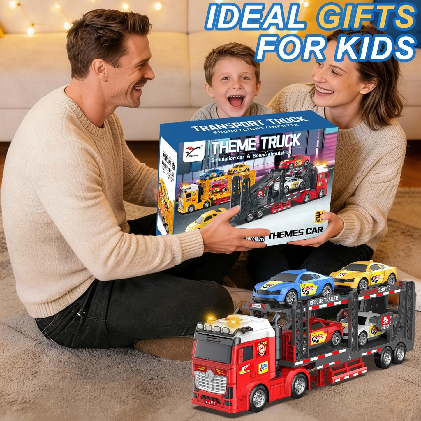 DOWELLIN Carrier Truck Race Car Toys for 3 4 5 6 7 Years Kids, 21.5" Friction Powered Double Layer Semi Transport Truck Toy with 4 Racing Cars, Light&Sound Vehical Toys, Xmas Gift for Boy Girl-Red