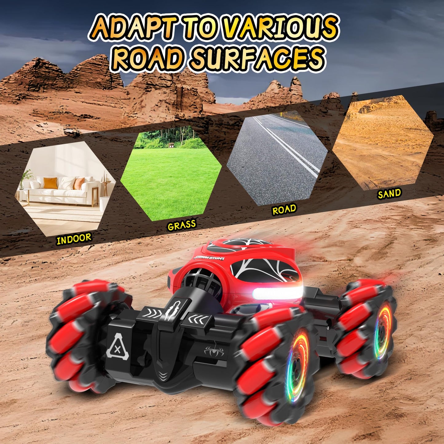 XUERENTECH Spider Gesture RC Car, 2.4GHz Gesture Sensing RC Stunt Car Toys for 6-12 Years Old Boys Girls, Hand Controlled Remote Drift Twist Offroad 360° Rotation with Lights Music for Birthday Gifts