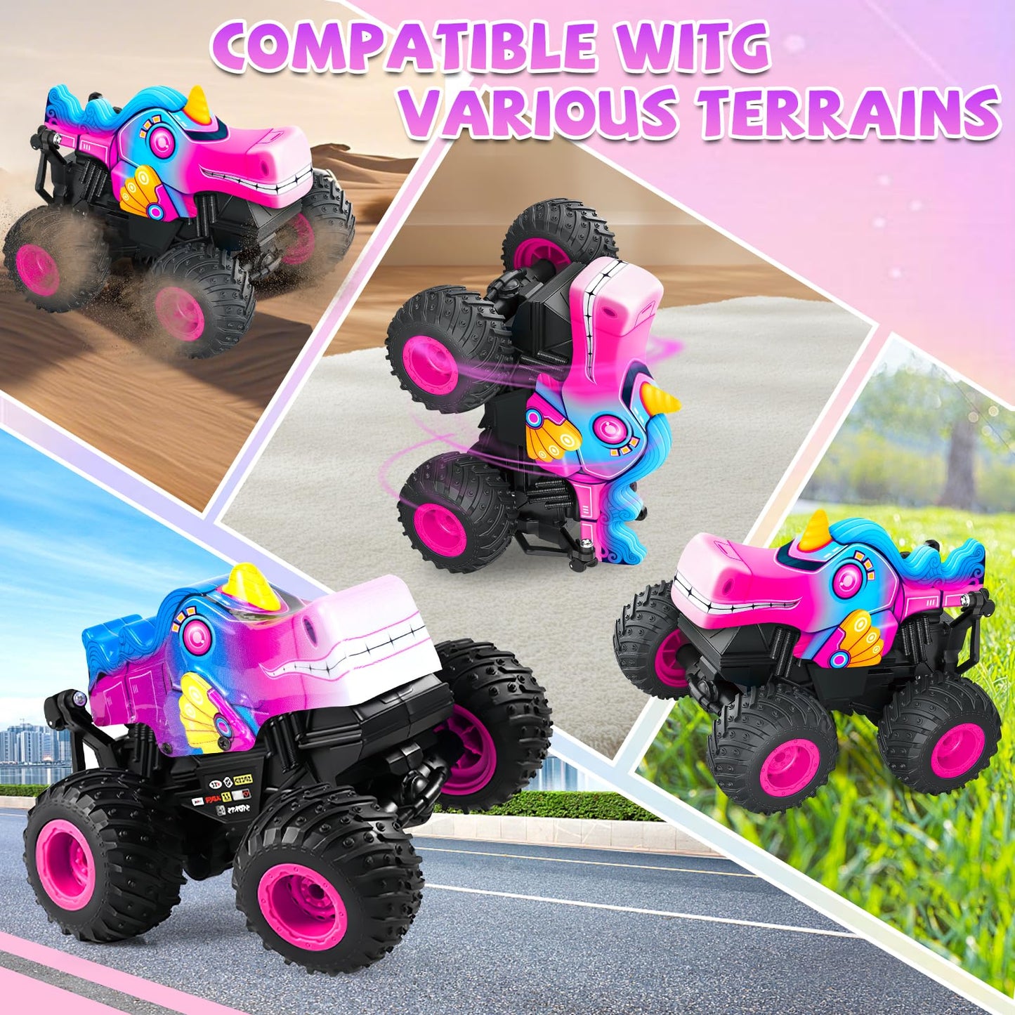 YongnKids Remote Control Car for Girls, 2.4Ghz Unicorn Monster Trucks with Light & Music,Unicorn Toys for Girls Age 3 4 5 6 7 8 Years, 360° Rotating All Terrain RC Stunt Car Rechargeable Xmas Gift