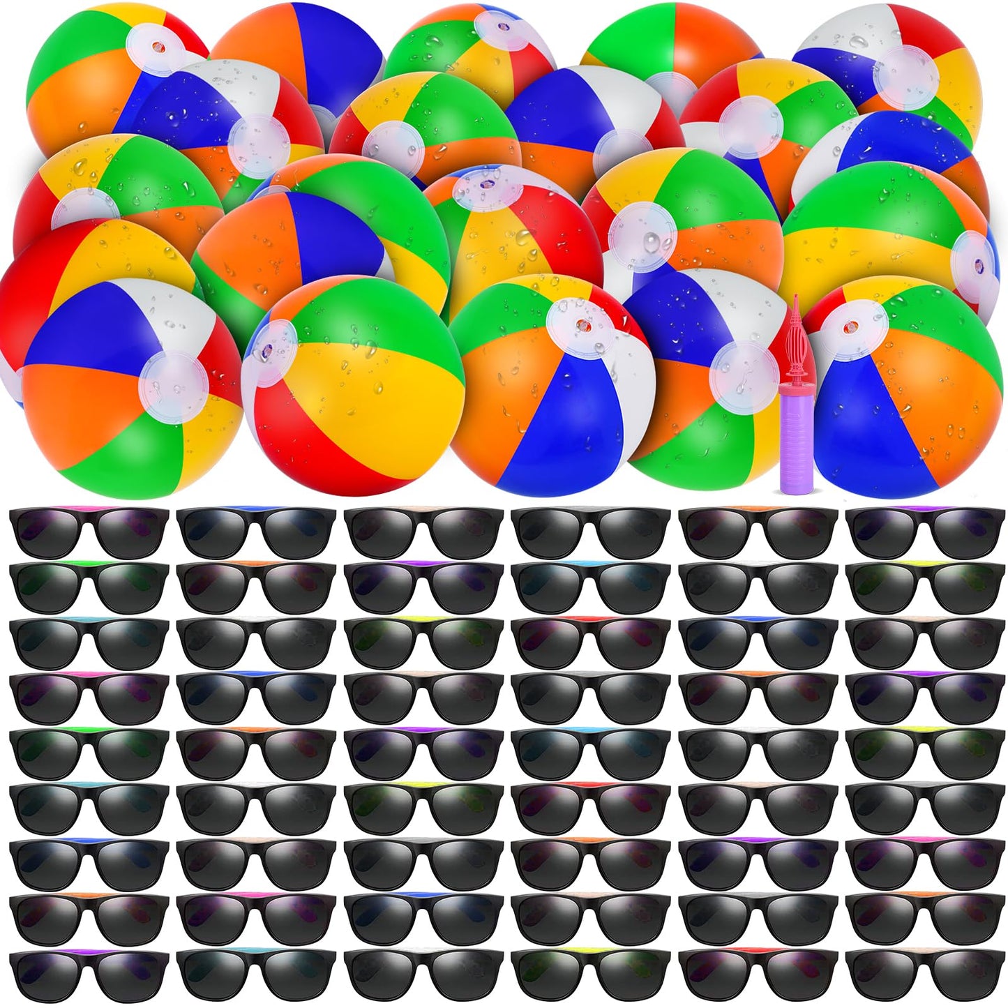 Oleitodh 72 Pcs Sunglasses Beach Balls Party Favors 12 Inch Inflatable Pool Beach Balls Bulk for Kids Adults Rainbow Pool Balls Park Backyard Summer Water Fun Birthday Parties Supplies
