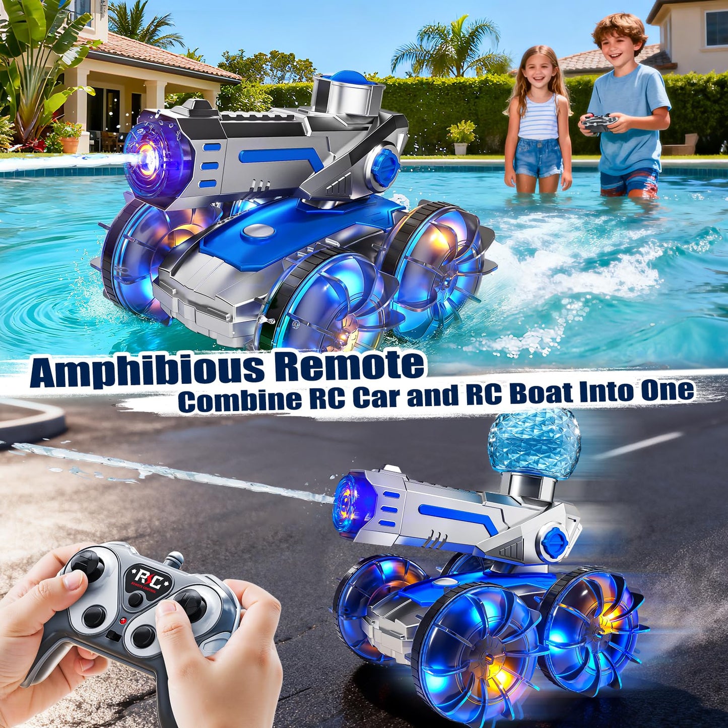 Novaluki Amphibious Remote Control Car, RC Stunt Car with Water Gun and Lights, Waterproof RC Boat Pool Toys for Kids Ages 4-8, Birthday for Boys Girls 8-12 Years Old