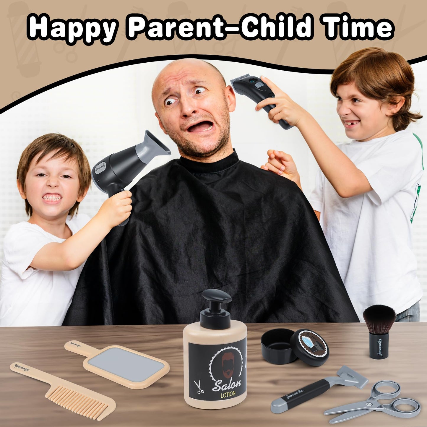Kids Barber Shop Toy Set with Tool Belt, Realistic Haircut Kit for Boys 3+ with Light & Sound Dryer, Pretend Play Shaving Kit with Storage Box, Professional Stylist Role Play Gift, 10+ Pcs
