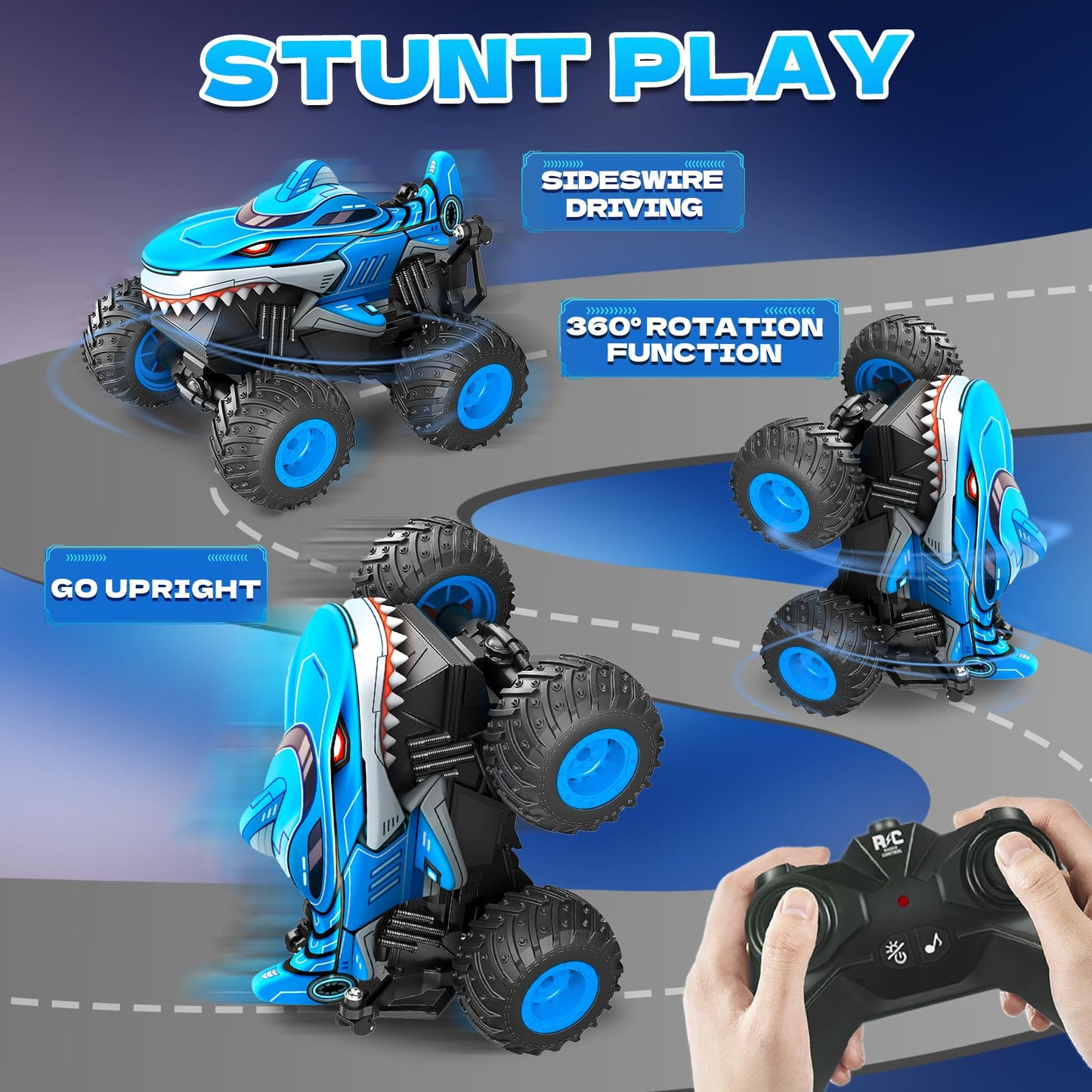 YongnKids Remote Control Car, Shark Monster Trucks for Boys Age 4-7, 2.4Ghz Rchargeable Rc Car with Music & Light,360° Rotating Stunts RC Truck Toy for Kids 3-5 6 7 8-12 Birthday Easter Gift