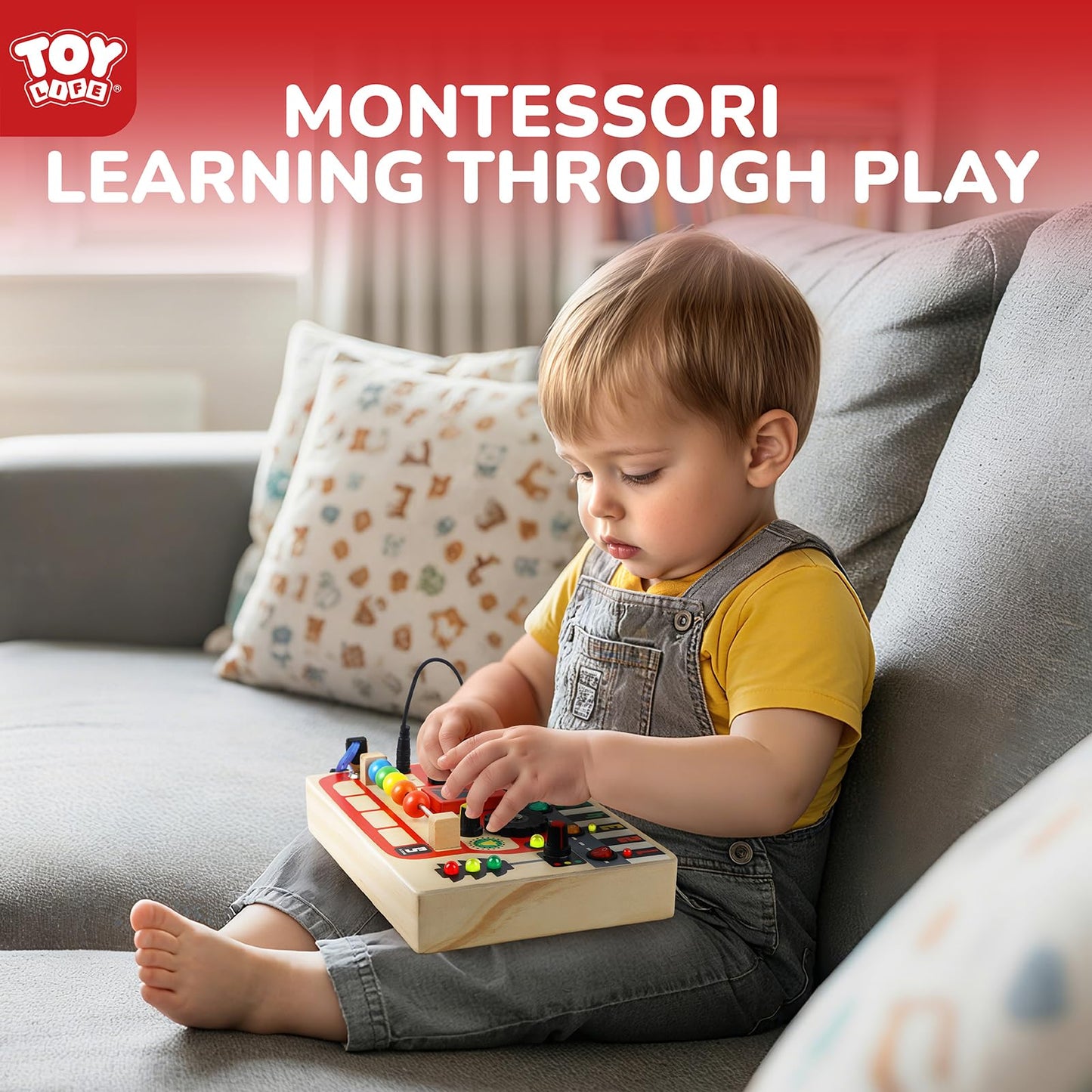 TOY Life Toddler Montessori Busy Board, Wooden Bus Sensory Board Toys with LED Light Up Switchs, Baby Busy Fidget Boards Travel Toys, Easter Birthday Gifts for 1+ Year Old Kids Girls Boys