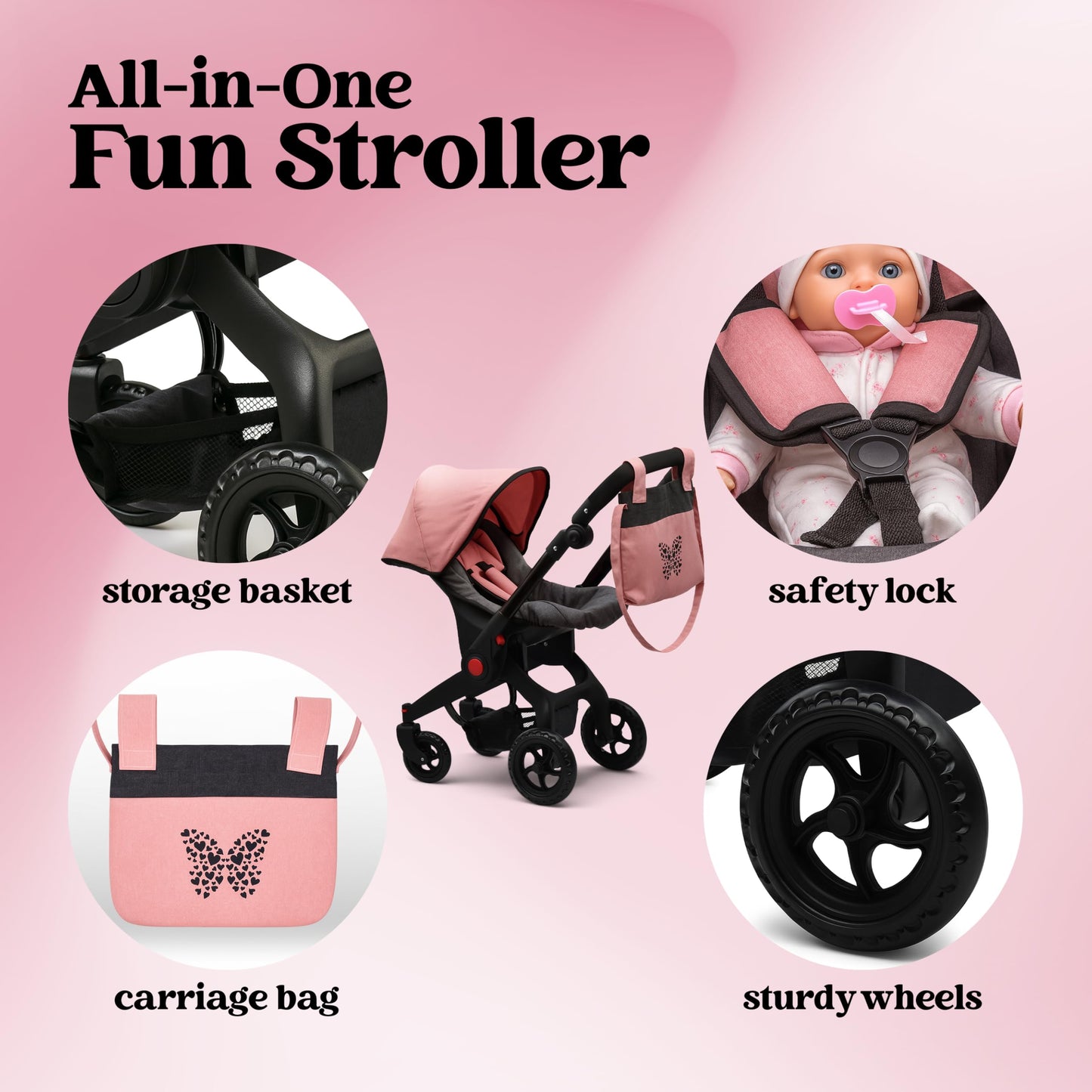 Baby Doll Convertible Travel Stroller for Girls Toddler Play Toy Car Seat Two in One Foldable Carriage for Kids with Diaper Bag Pretend Play Stroller for Doll