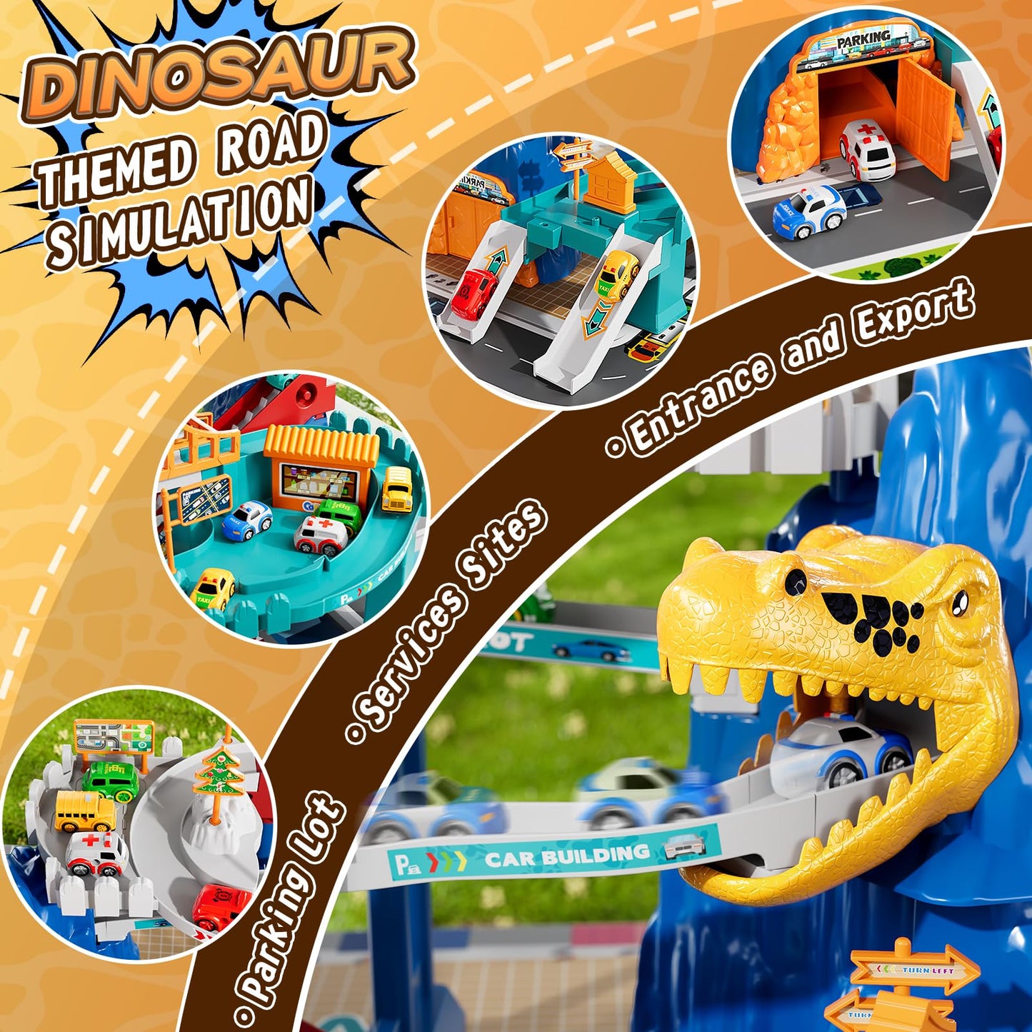 MSKOLER Dinosaur Race Car Tracks for Toddlers 2-4 Years, Dinosaur Climbing Hills Railcar, Toy Car Track Play Set with 7 Small Race Cars, Preschool Birthday Gifts for 3 4 5 6 7 8 Year Old Boys Girls