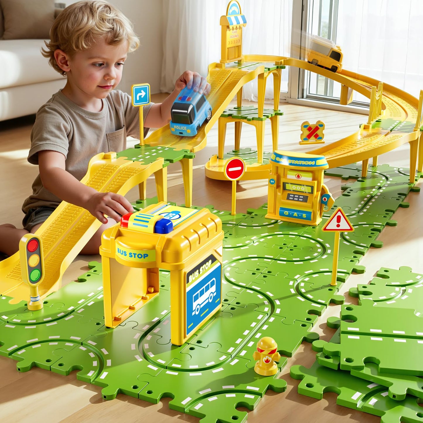 XINNOVEL 3-Tier Large Puzzle Race Car Track Set for Kids 3-5, Puzzle Tracks Car Play Set, Race Tracks Toys for Toddler Boys 3 4 5 6 Year Old, Birthday Gifts for Kids 3 4 5 6 7 8 Year Old Boys Girls