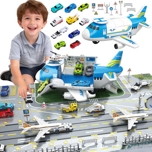 Airplane Toys for Toddlers 1-3-5,Toy Airplane Transport Aircraft with Cars & Helicopter & Play Mat & Stickers,Plane Toys for Boys Girls Age 1 2 3 4 5 6 7 Birthday