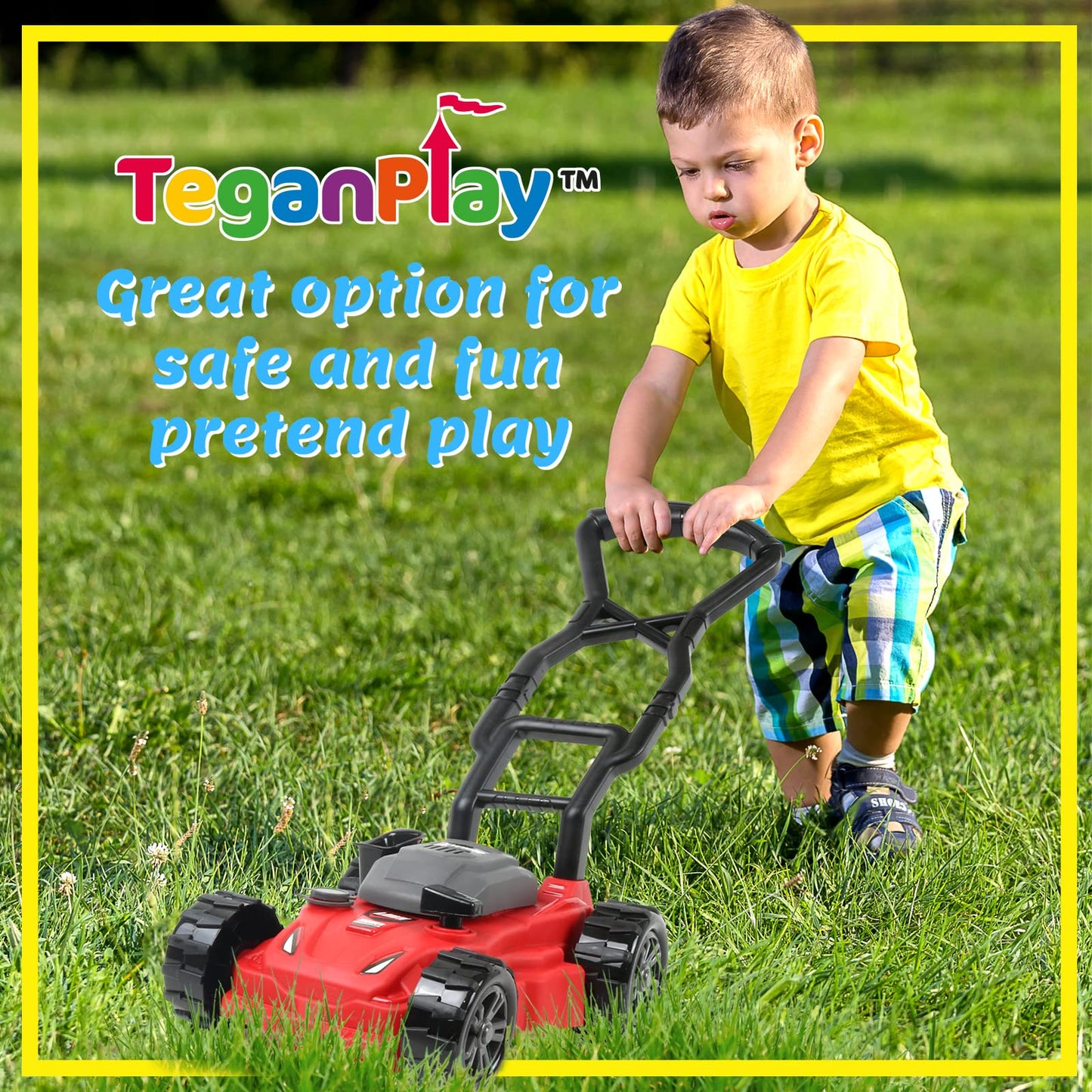 TeganPlay Kids Toy Lawn Mower Toddler Landscaping Gardening Tools and Equipment Includes Mask Safety Goggles and Earmuffs