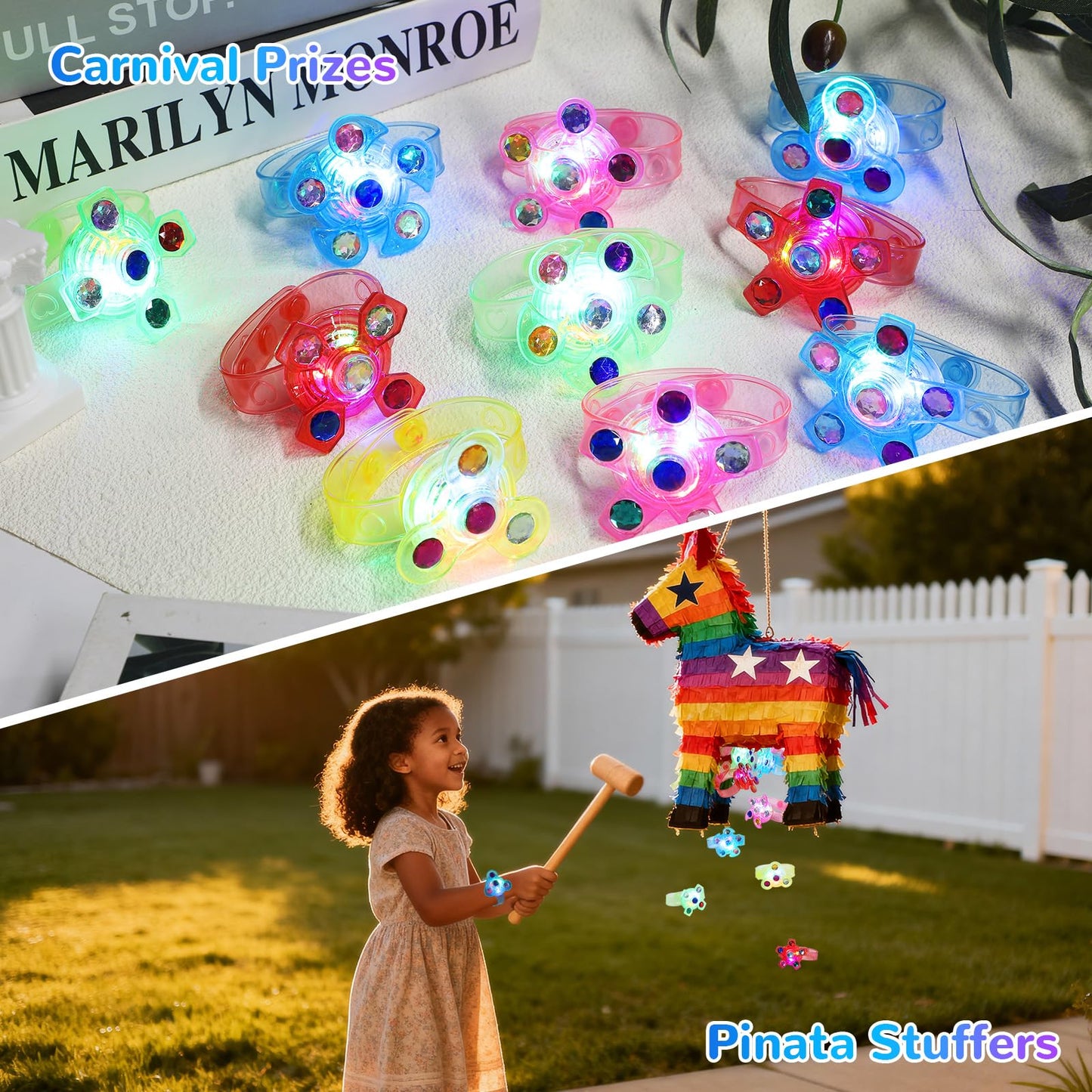 SCIONE 24 Pack LED Light Up Fidget Spinner Bracelets, Glow in The Dark Party Favors for Kids 4-8 8-12, Treasure Box Toys, Birthday Gifts, Carnival Prizes, Goodie Bags Stuffers