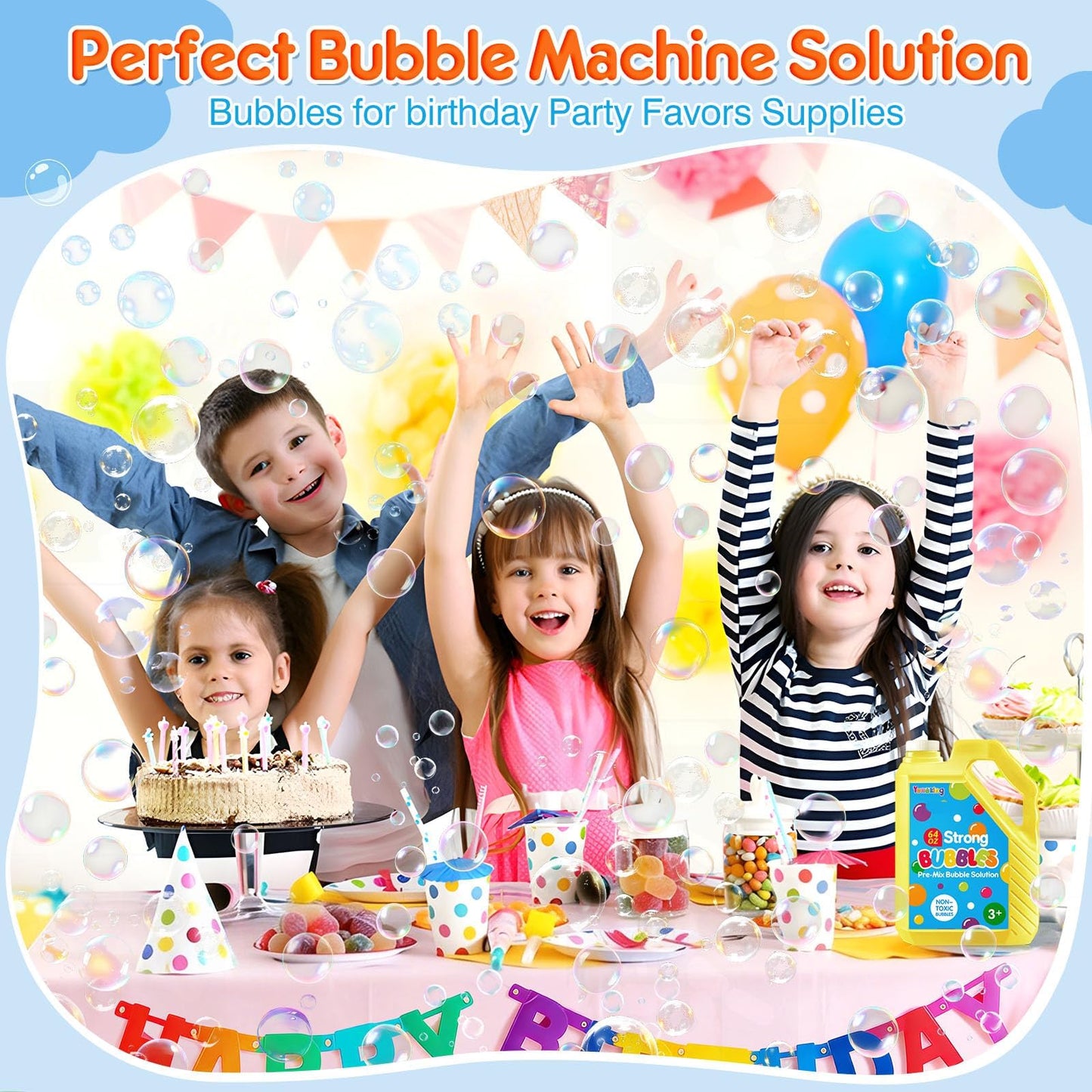 64 OZ Bubble Solution Refill Pre-Mix: Non-Toxic Bubbles for Kids Refills for Bubble Machine, Wands, Blowers, No Mixing Needed Leak-Proof Bottle Solution for Bubbles Toys Parties Outdoor Events Easter