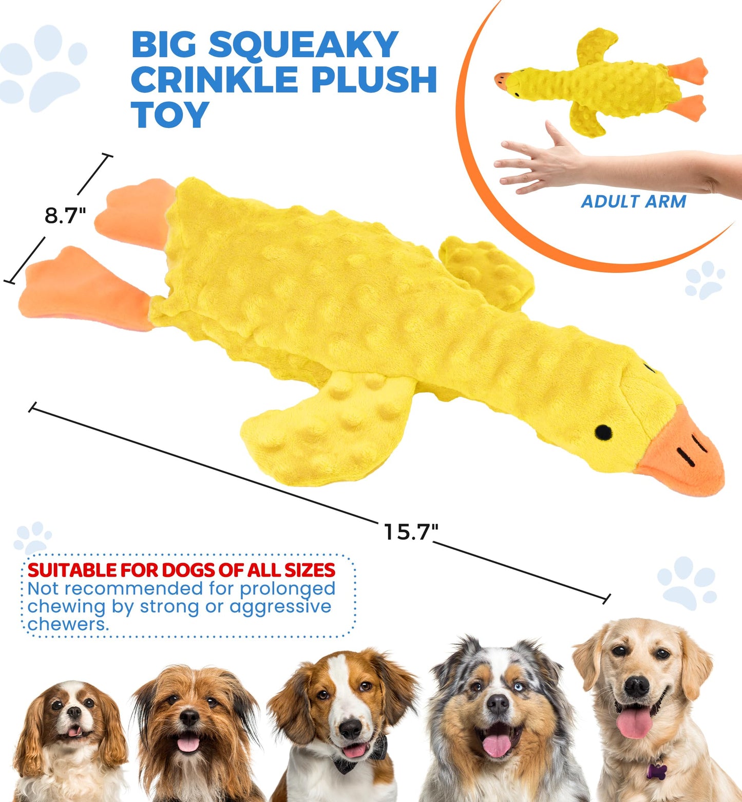 IPTPAS Squeaky Plush Dog Toy for All Breeds, Multifunctional Goose Dog Toy with Honking Sound, Crinkle Paper, Treat Pocket, Durable Soft Stuffed Animal for Chewing, Cuddling, Interactive Play (Yellow)