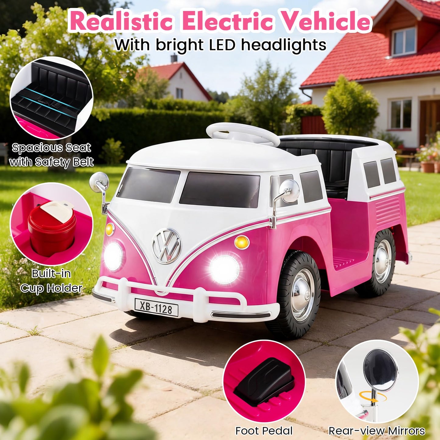 Costzon Ride On Car, 12V Licensed Volkswagen Kids Car Bus with Cup Holder, LED Headlights, Music & Horn, Electric Vehicle with Pedal Control, Soft Start & 2-Level Speed for Boys & Girls Aged 3+ (Pink)