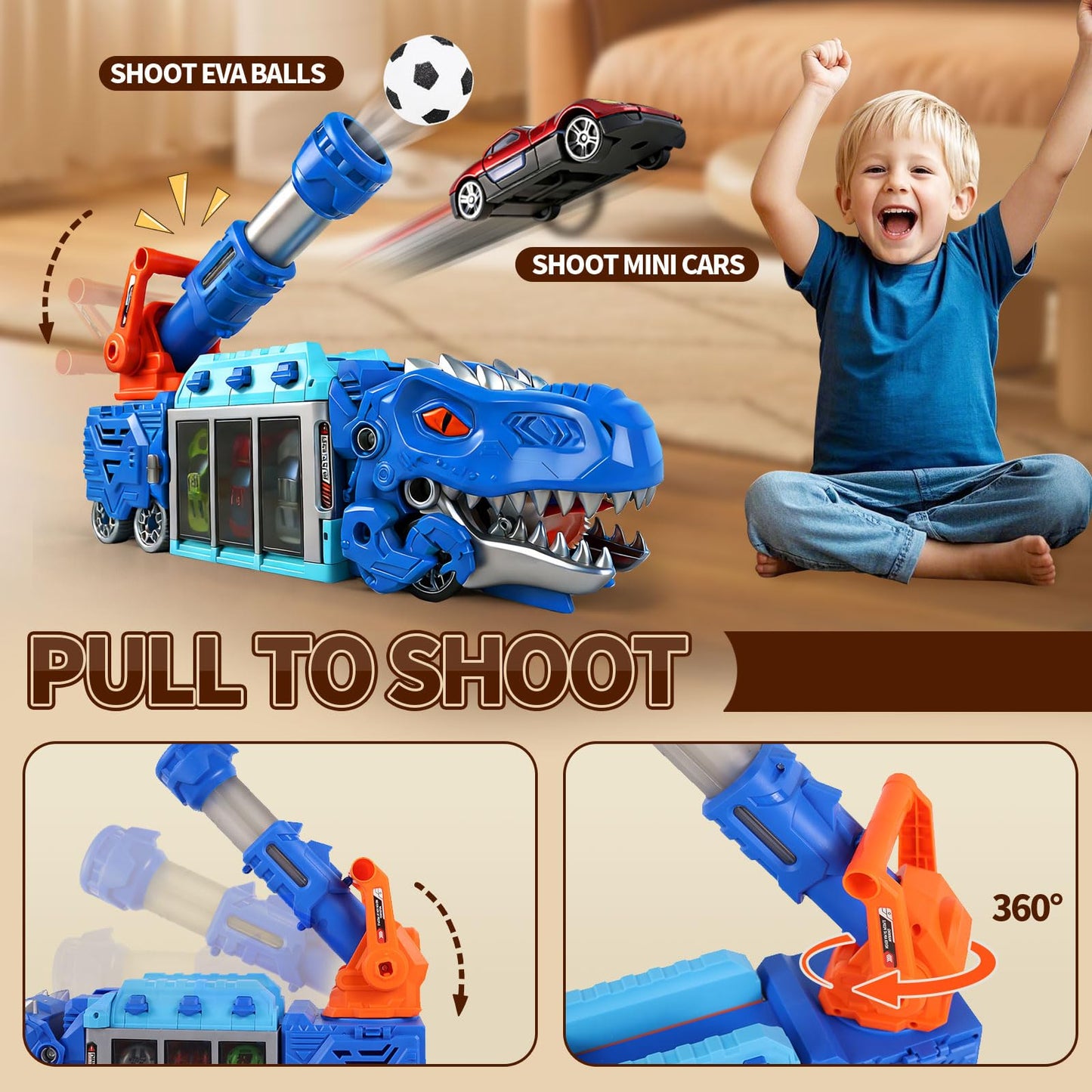Dinosaur Truck Car Toy for Kids 3-12, Foldable Dino Truck Toys with 10 Mini Carts, 12 Soft EVA Balls, Tyrannosaurus Rex Playset for Boys, Ejection Shooting Game Play, Birthday Gifts for Kid 3 4 5 6