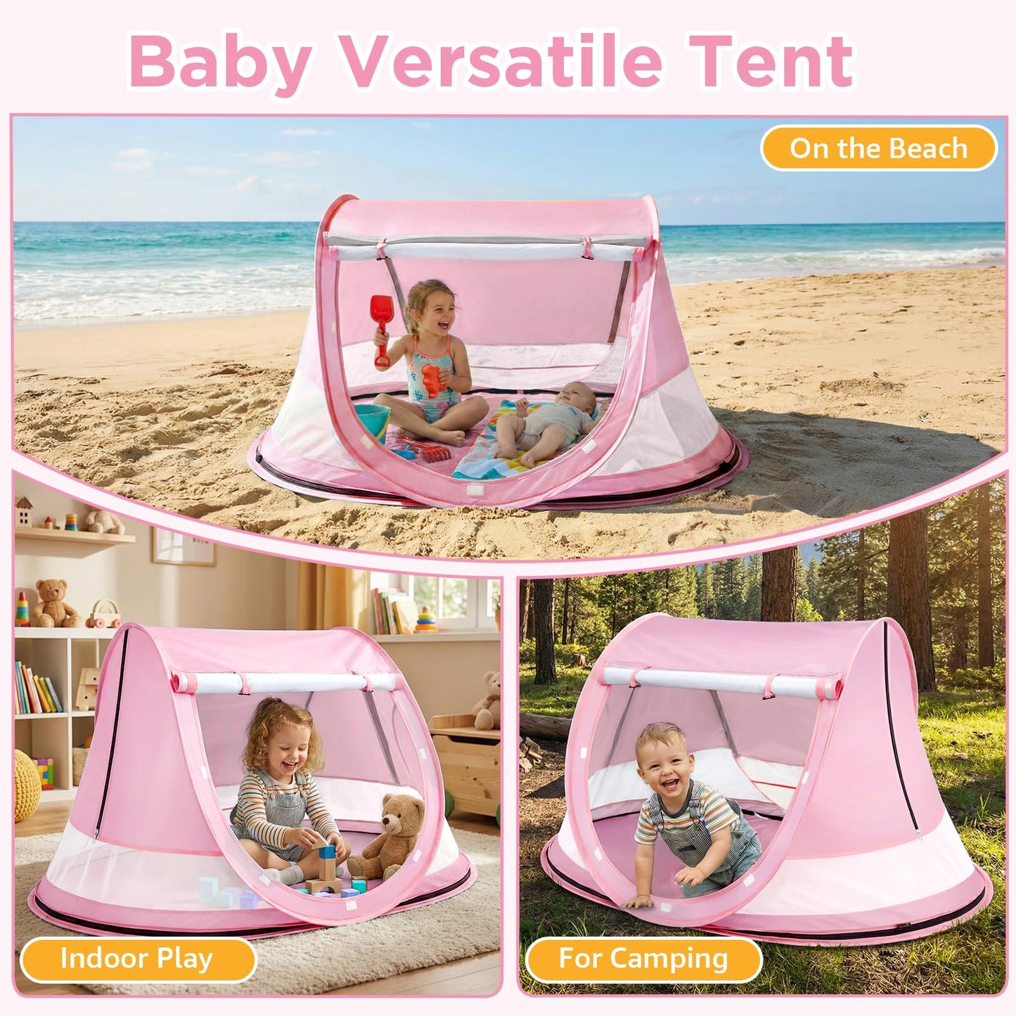 Baby Beach Tent, Pop Up Beach Tent Sun Shade for Beach, UPF 50+ UV Protection Sun Shelters for Infants with Carry Bag for Outdoor Travel, Camping(Pink)