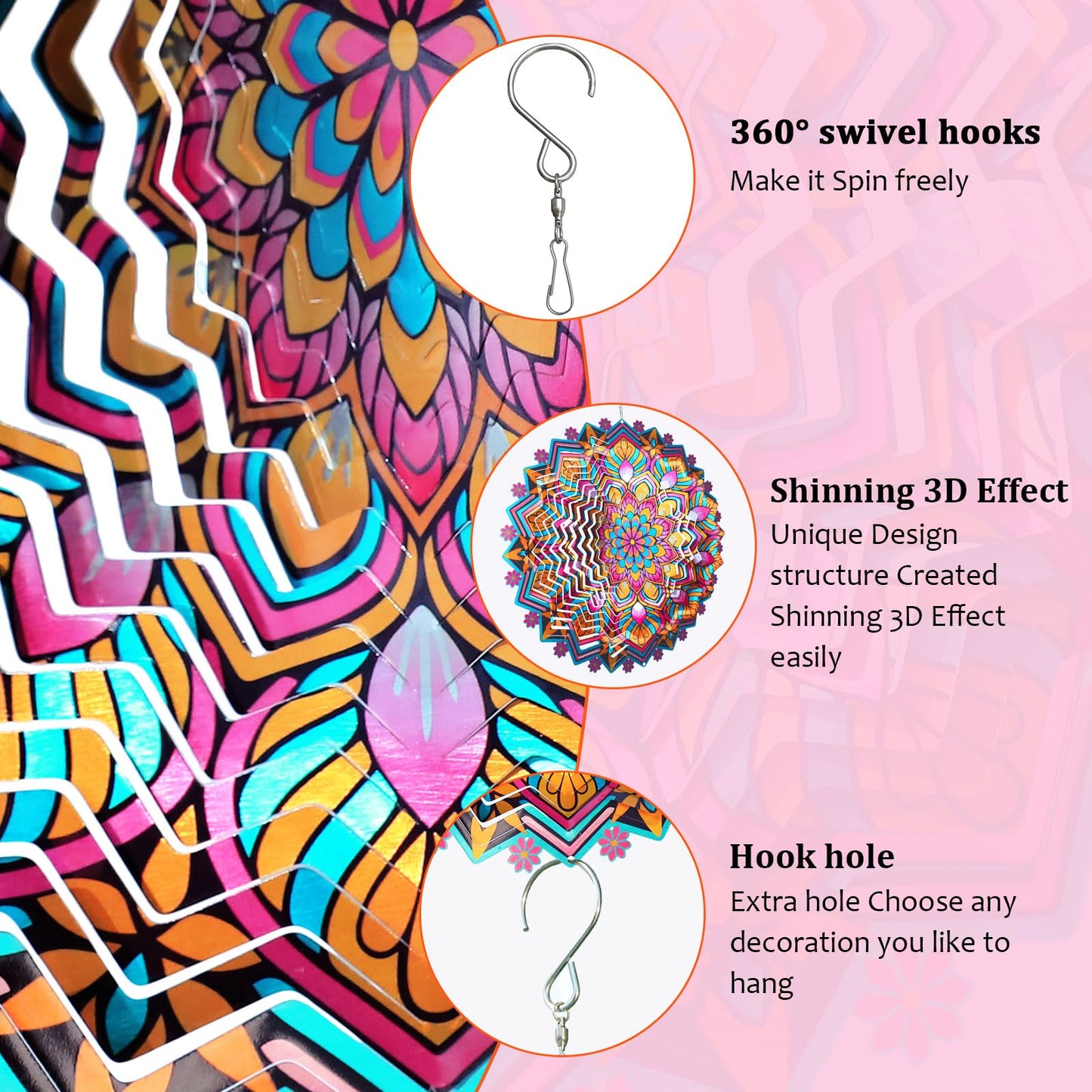 Goolyrusim Metal Wind Spinner - Mandala Lotus Wind Spinners, 12inch Kinetic 3D Hanging Wind Sculptures, Indoor/Outdoor Garden & Yard Art Decoration, Creative Gifts for Women Mom Grandma & Holidays