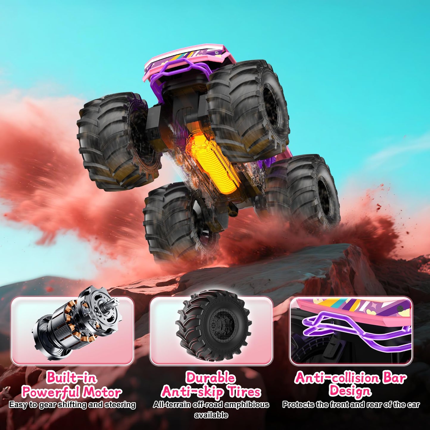 Amphibious Remote Control Car, 1:18 Pink Monster Truck Toys for Girls RC Cars, 2.4 GHz Waterproof RC Trucks, 4WD All Terrain Off-Road Pickup, Girls Christmas Birthday Gifts Presents Kids Toys Ages 6+