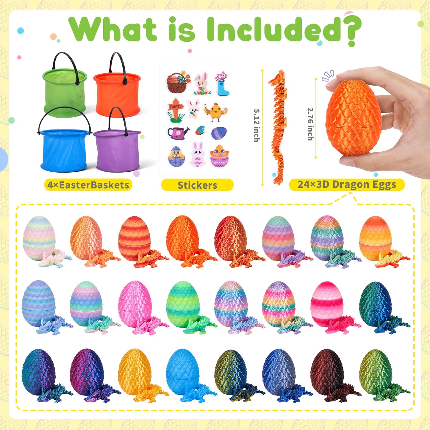 TBOLINE 24 Pack 3D Printed Dragon Egg, Articulated Crystal Animals Dragon Fidget Toys with Basket & Stickers, Small 3D Printer Dinosaur Eggs Party Favors Classroom Prizes for Kids Boy 5-7 8-12