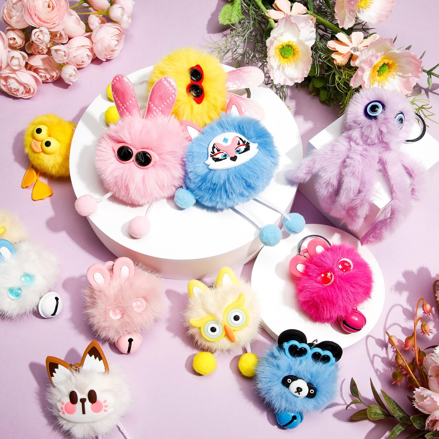 Equsion 48 Pcs Kawaii Keychains Bulk Cute Plush Keychains Fluffy Pompoms Balls with Tassels and Keyrings Key Chain Kawaii Party Favors for Birthday Goodie Bags Piñata Prizes(Funny)