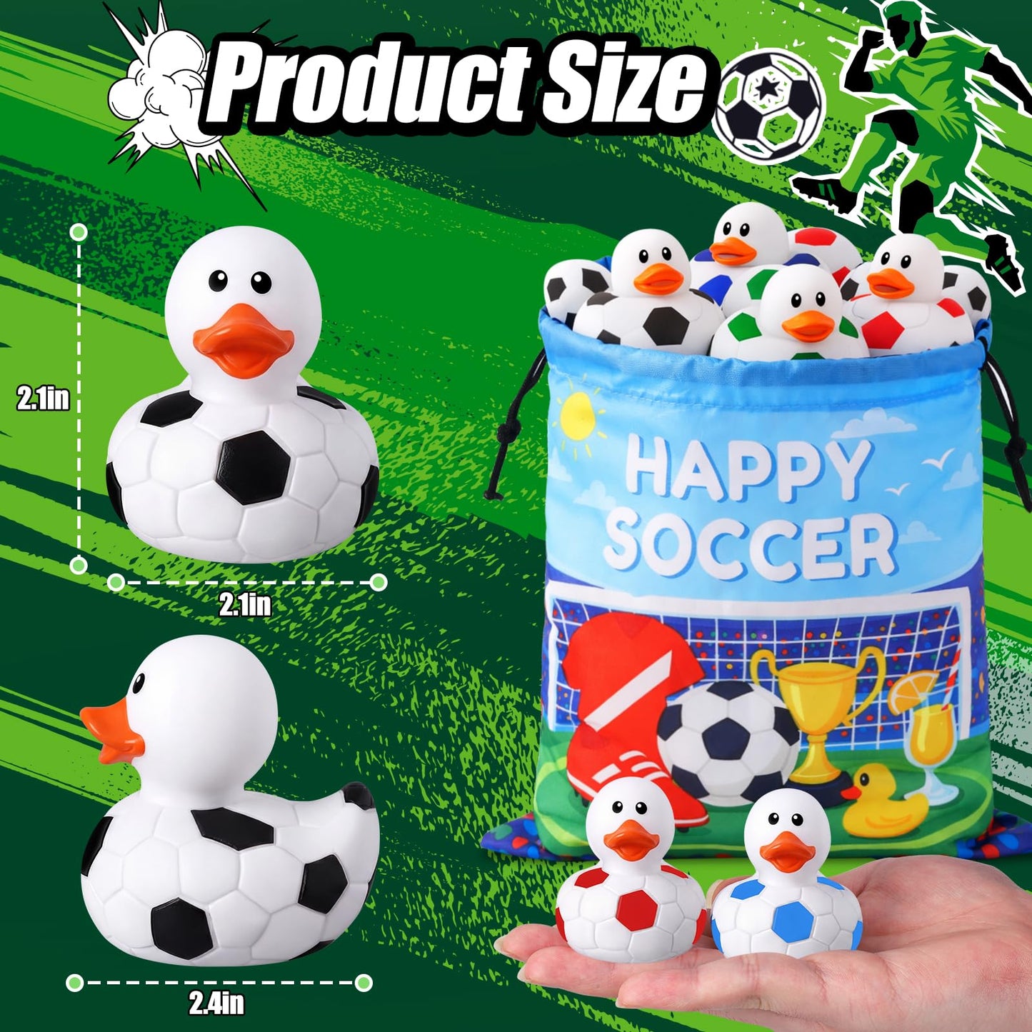 24 Pcs Soccer Theme Rubber Ducks with a Bag, Soccer Ball Ducks Toys, Soccer Fun Party Favors, Goodie Bag Fillers for Sports Fans Team Gifts, Classroom Game Prizes, Water Pool Toys for Toddler Kids