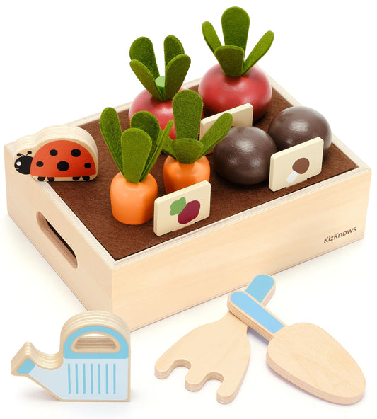 KizKnows Wooden Vegetable Garden Toy for Toddlers 3+, Pretend Harvest & Sorting Play Set with Planter Box, Fine Motor Learning Toy for 3 4 5 Year Old Boys Girls