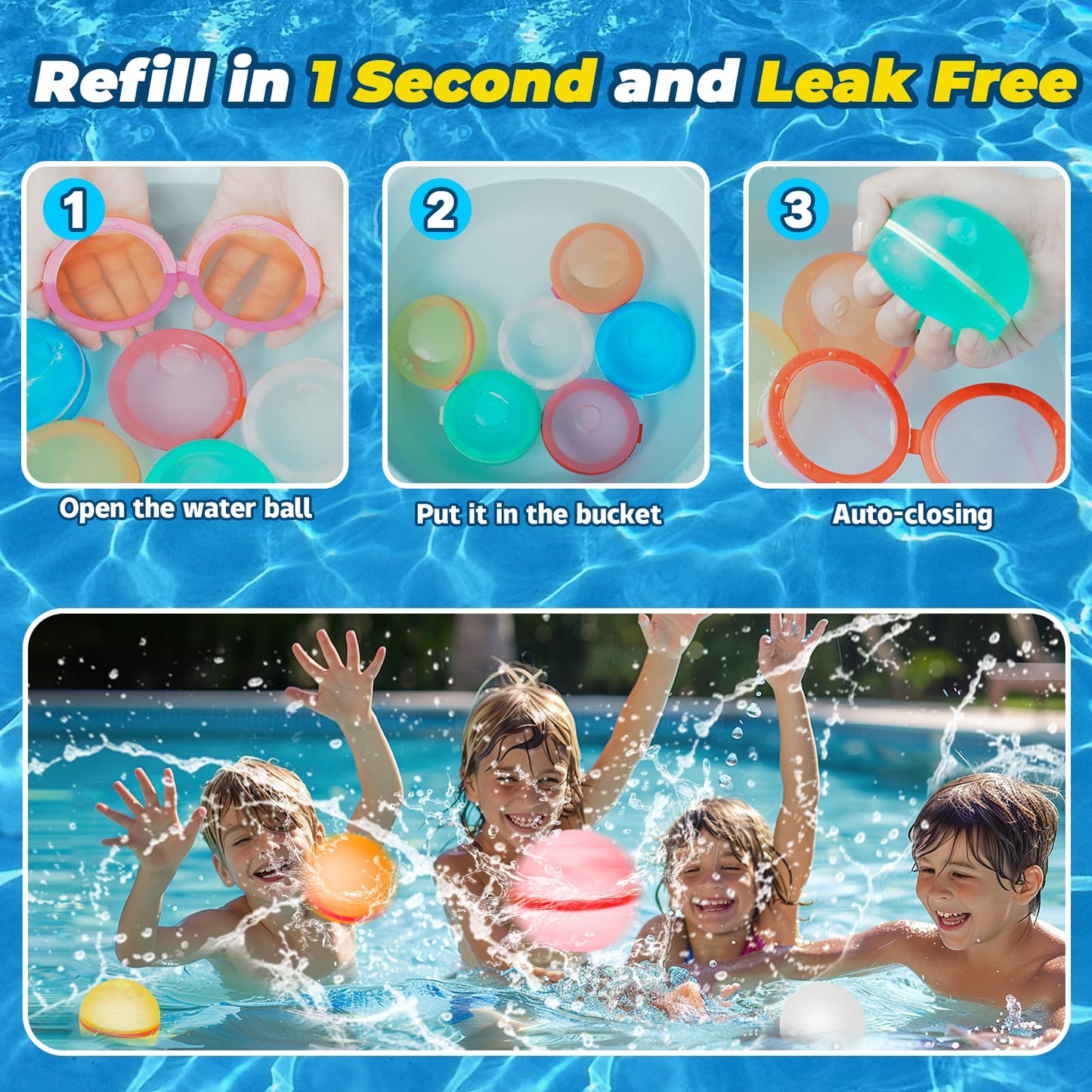 WABALLO 8 Pcs Reusable Water Bomb with Mesh Bag, Magnetic Self Sealing Water Splash Ball Quick Fill, Outdoor Pool Beach Toys for Kids Ages 3-12