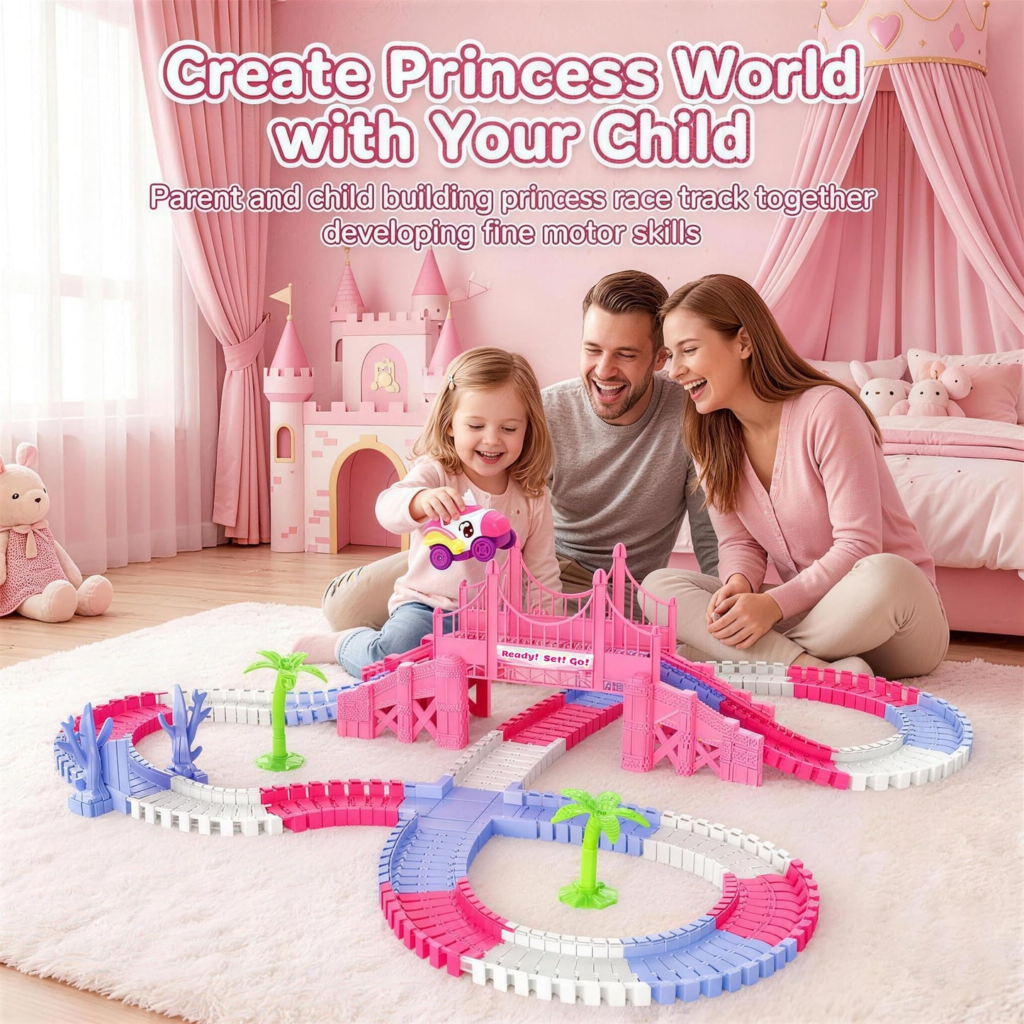 Race Car Tracks Toy Set for Girls Age 3-8, 214PCS Pink Princess Cars Toys with Monster Truck & Magic Bendable Train Tracks, Flexible DIY Raceway Set for Toddler Girls Christmas Birthday Gifts