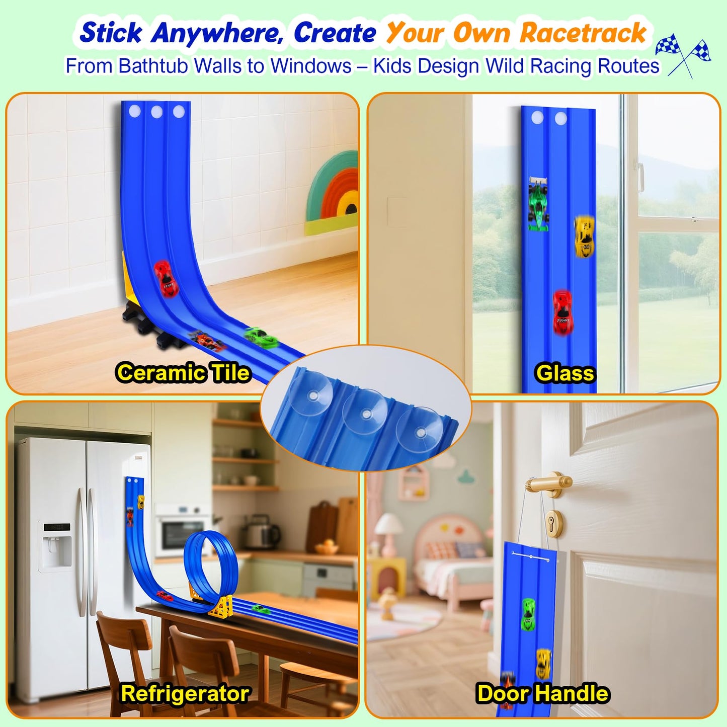 3-Lane Flexible Race Track for Kids: 15ft DIY Bendable Ramp with Suction Cups – Portable Roll-Up Car Track for Kids Compatible with 1:64 Diecast Cars – Easter Birthday Gift for Boys Girls Ages 3+