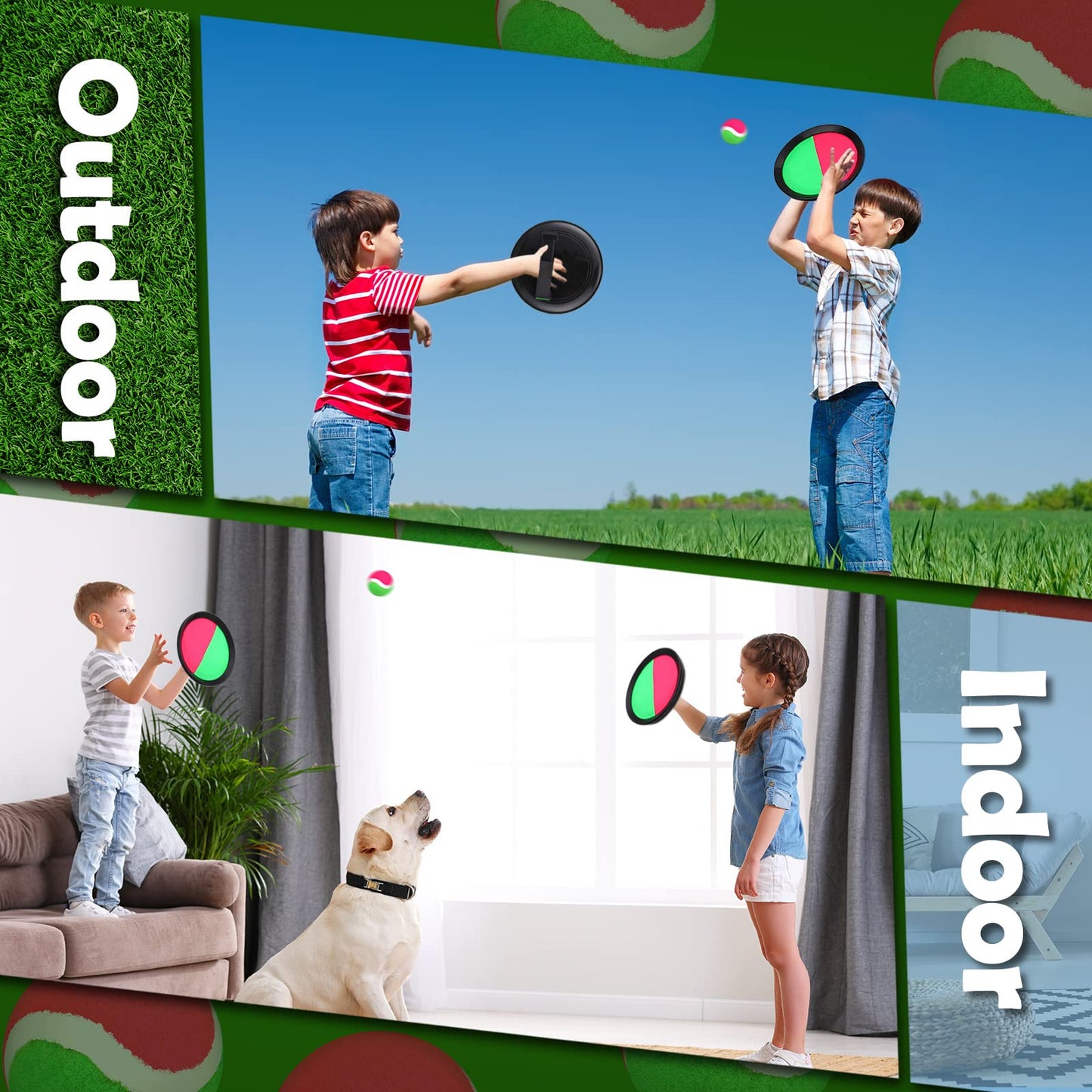 Charniol Kids Toys Toss and Catch Game Set Beach Game Outdoor Ball Sports Games Toss and Catch Ball Nylon Toys for Kids Adults (Pink, Green, Black,12 Paddles 6 Balls)