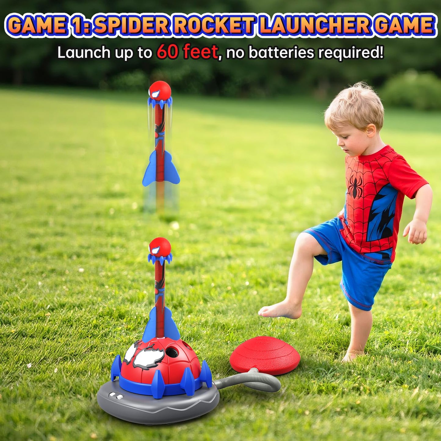 Spider 3-in-1 Rocket Launcher for Kids: 4 Cool Spider Rockets, Ring Toss Game, Musical Jump Toys with Remote Control, Outside Yard Indoor Outdoor Sports Toys for Boys Girls 3 4 5 6 7 8 9 10 Year Old