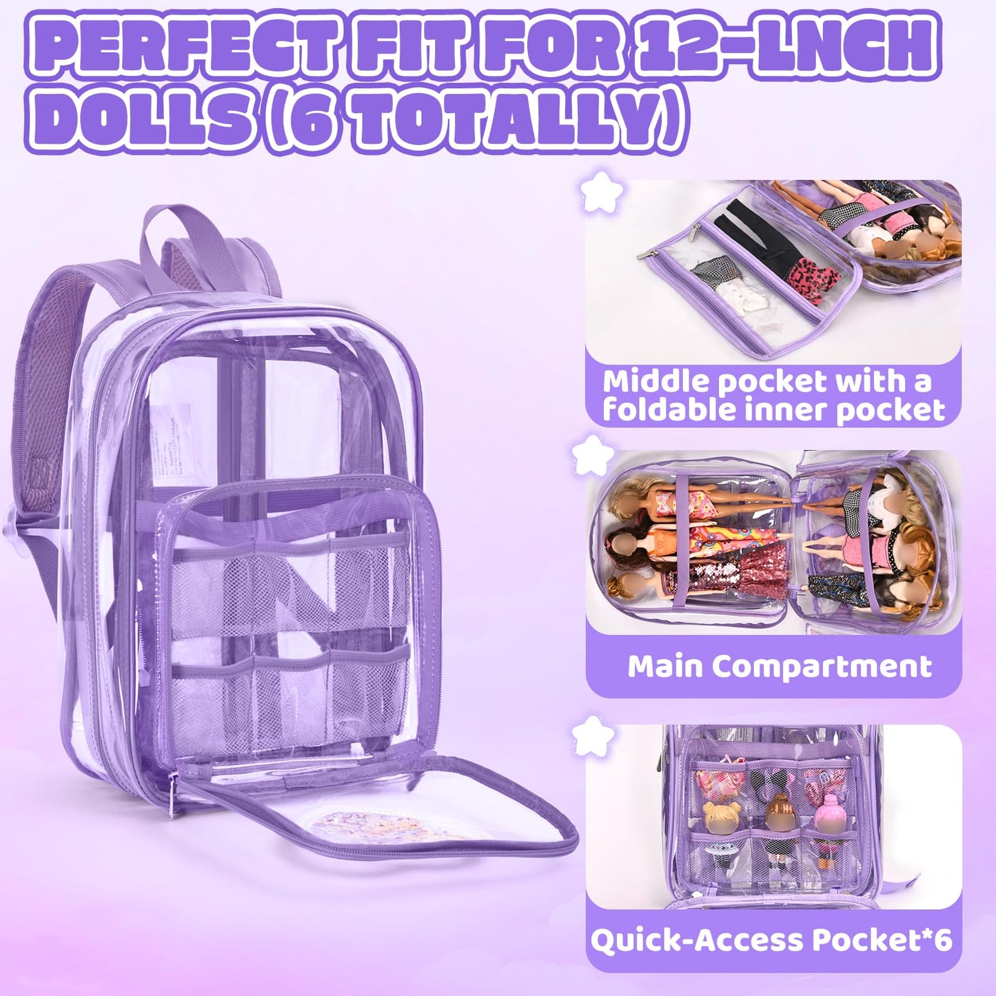 Backpack Compatible with Barbie Dolls 12-Inch, Transparent Storage Box, Barbie Doll Display Holds up to 6 Dolls, Display Pockets for Doll’s Clothes, Accessories, Bag Only (Lavender)
