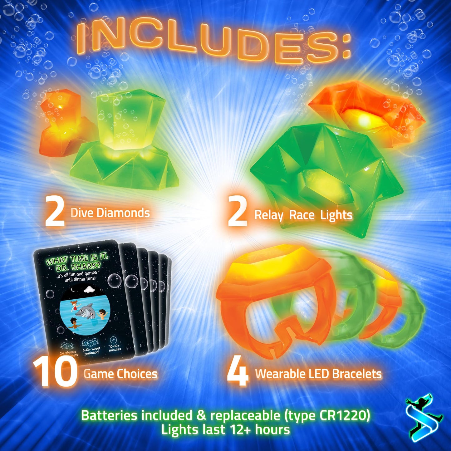 Glow in the Dark Pool Toys: Starlux Pool Party Set – Up Pool Games for Kids | Ages 8+, 1-8 Players | Swimming Bracelets, Floating Lights & Diving Gems | 10 Play Options | Reusable & Eco Friendly