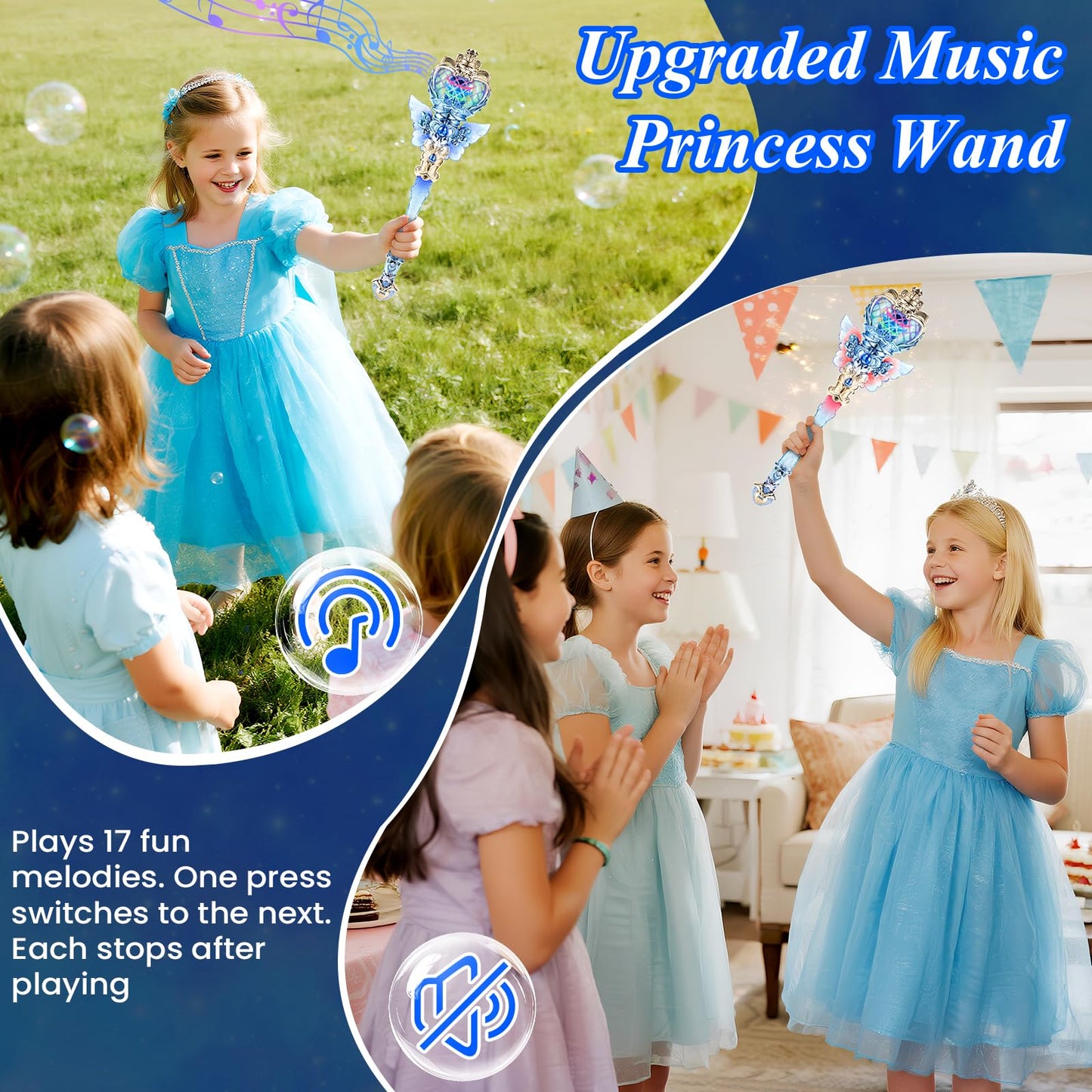 EZVYAO Light Up Princess Wand with Spinning LEDs & Music - Rechargeable Magic Fairy Toys for Kids Girls - Birthday Cosplay Party Favors, Blue